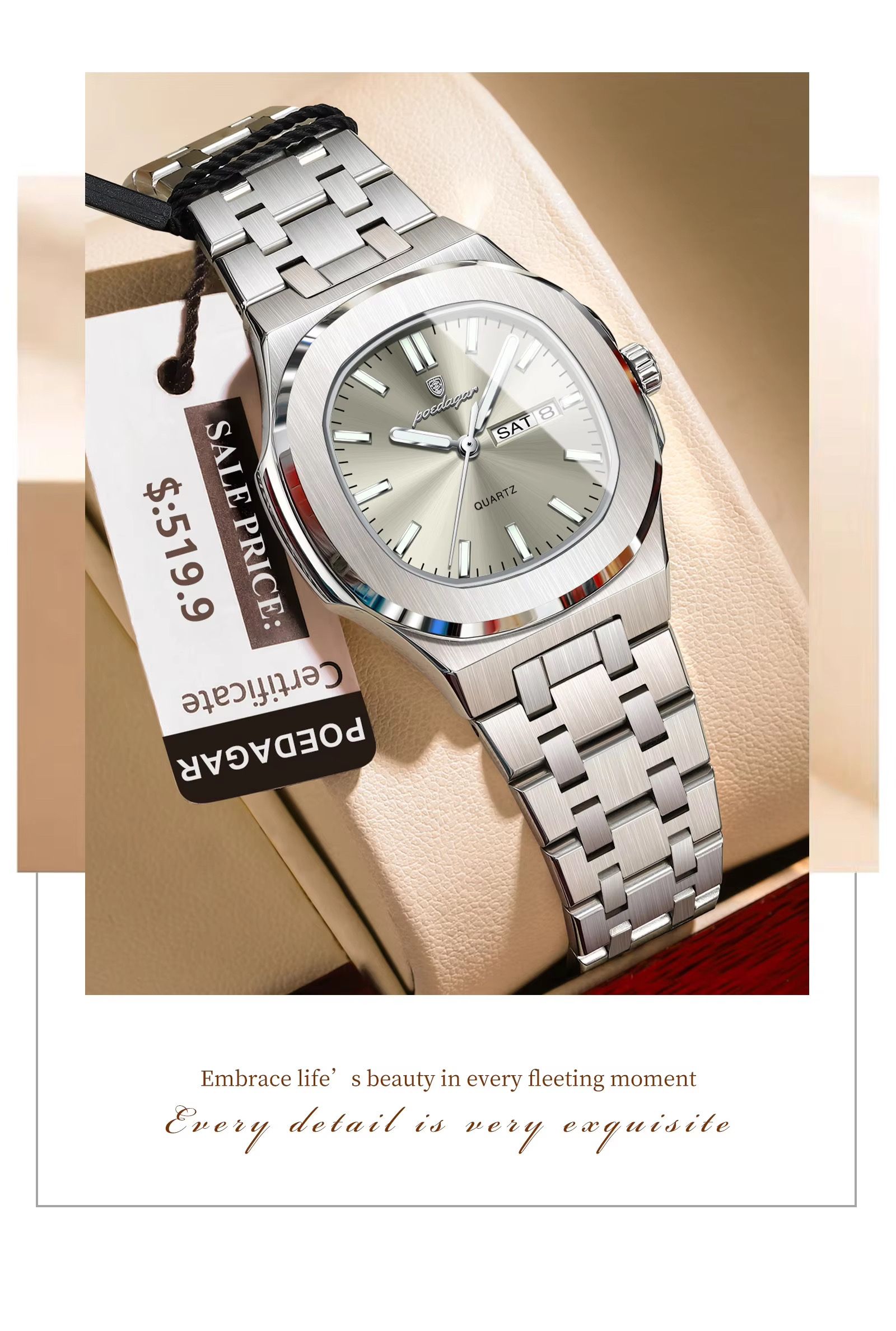 Poedagar 792 Luxury Elegant Stainless Steel Girl Reloj Waterproof Luminous Date Quartz Watch for Women