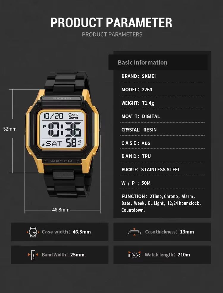 Skmei 2264 Watch Men Waterproof Dual Wristwatches Fashion Digital Electronic Movement LED Chronograph Alarm Clock Men's Watches
