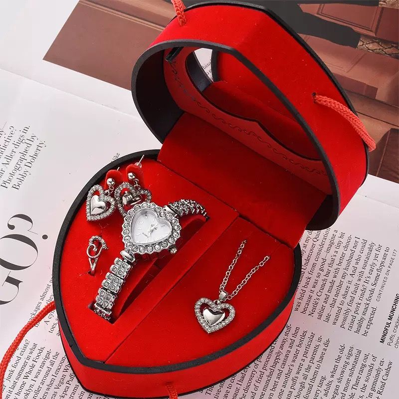 Love Gifts for Girlfriend Wife 4pcs Jewelry Romantic Gift Set Red Heart Shape Box Necklace Earrings Ring Watch Set for Women