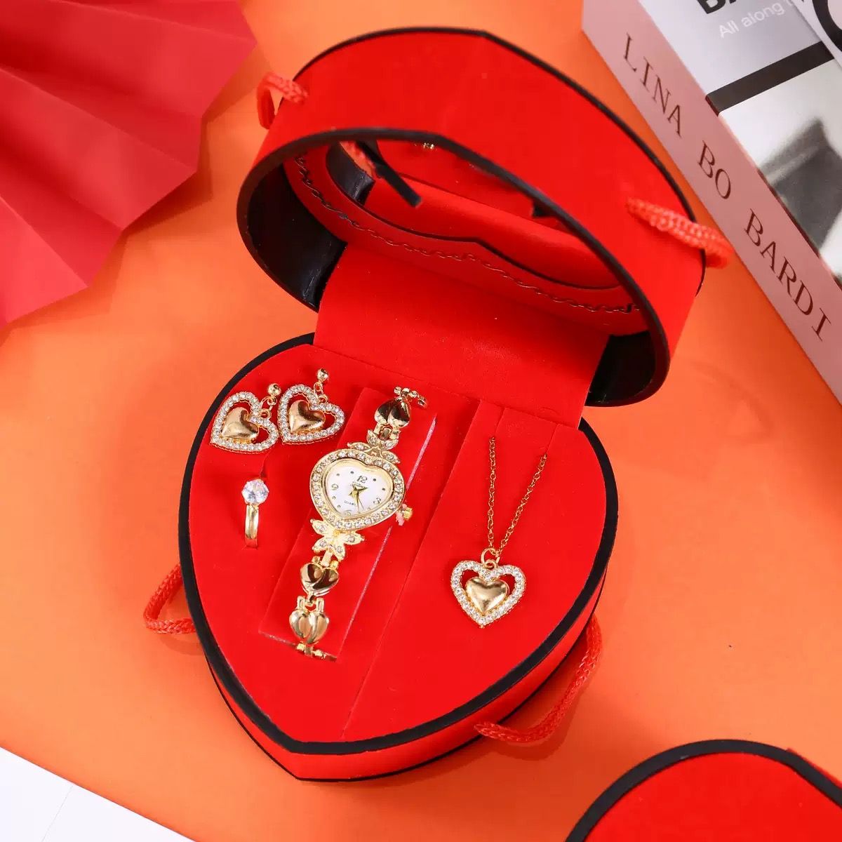 Love Gifts for Girlfriend Wife 4pcs Jewelry Romantic Gift Set Red Heart Shape Box Necklace Earrings Ring Watch Set for Women