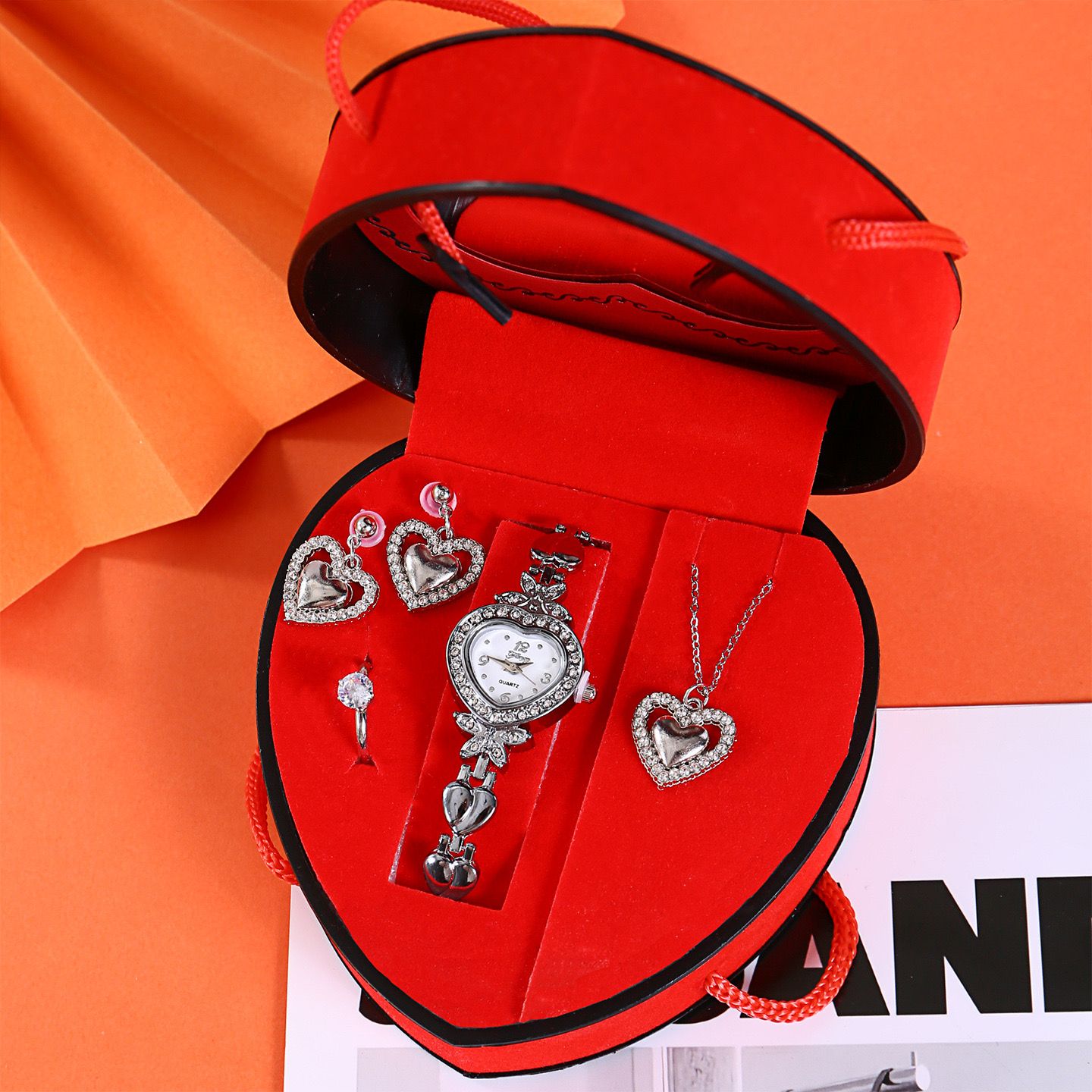 Love Gifts for Girlfriend Wife 4pcs Jewelry Romantic Gift Set Red Heart Shape Box Necklace Earrings Ring Watch Set for Women