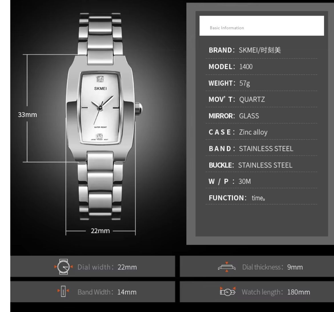 SKMEI 1400 Fashion Thin Casual Dress Luxury Silver Ladies Rhinestone Waterproof Women Watches