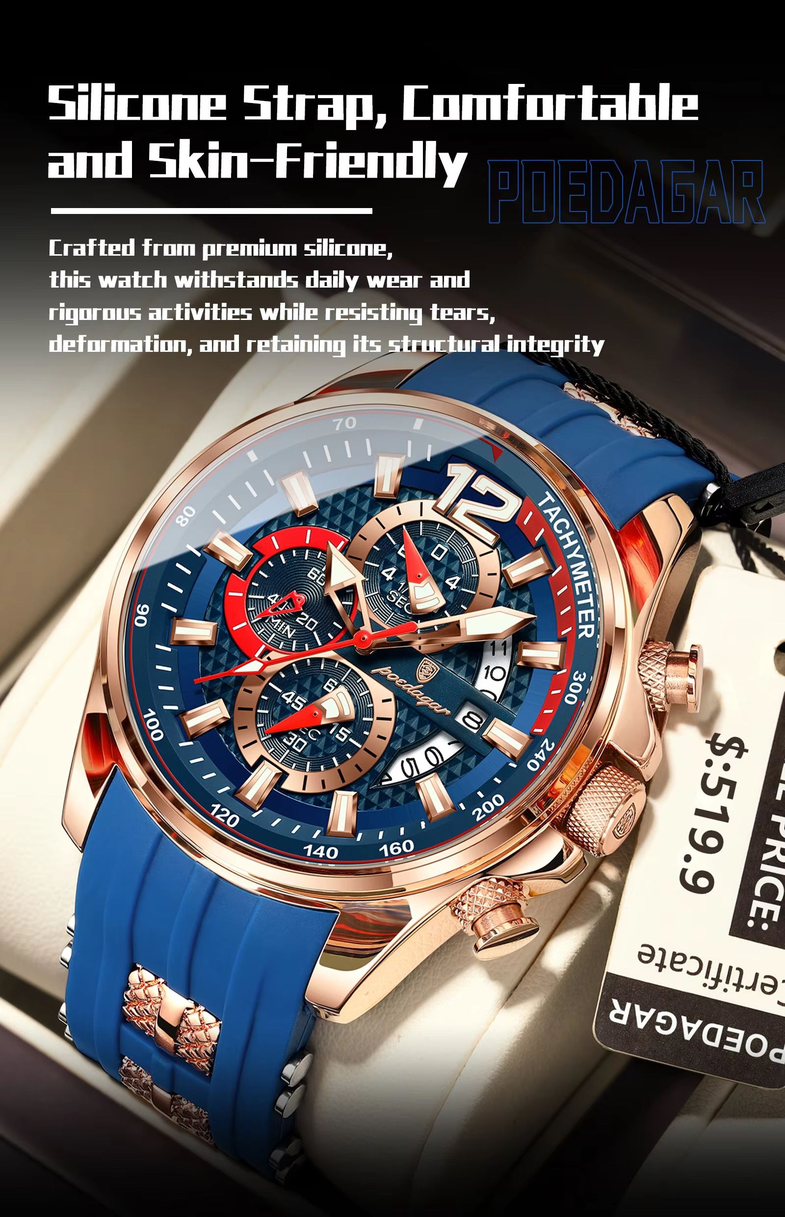 POEDAGAR 898 Montre Homme Reloj New Arrival Men Fashion Quartz Chronograph Sport Silicone Band Luminous Waterproof Watch for Men