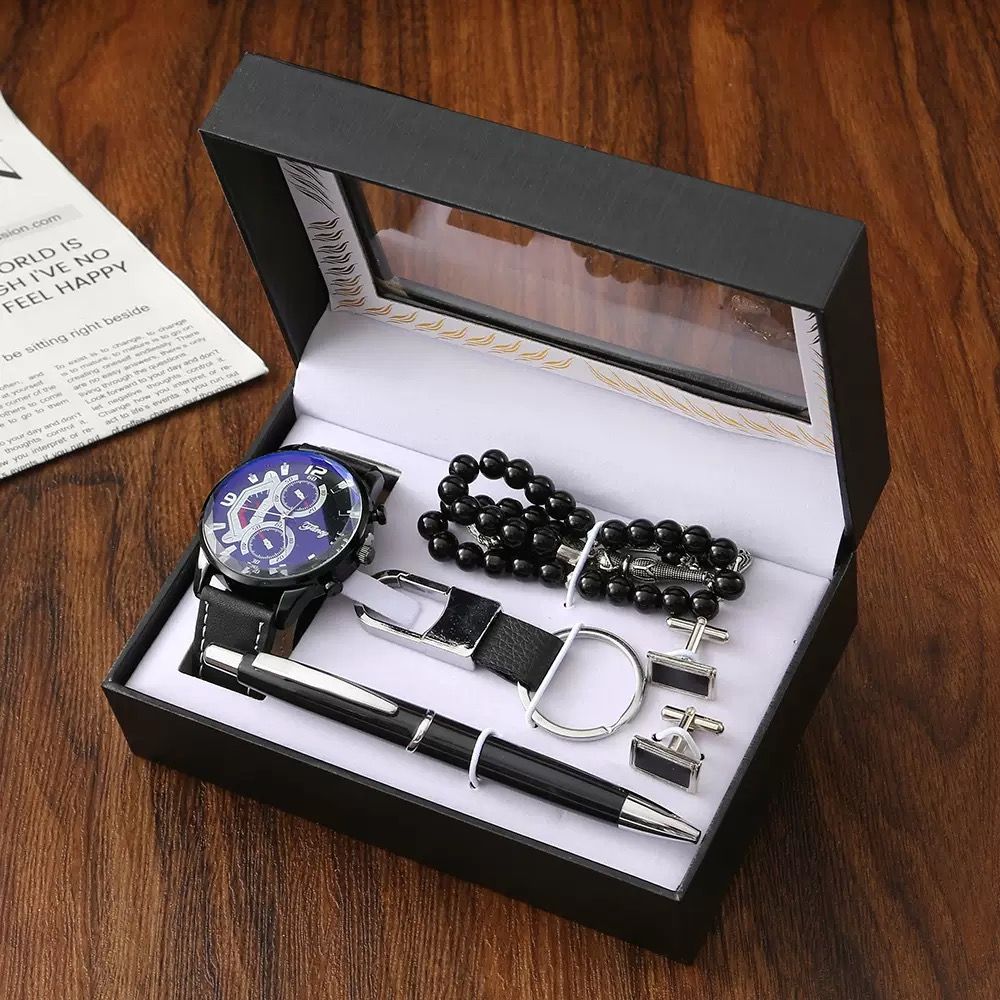 Big Dial Quartz Watch Business Gift Set with Gift Box Keychain & Rosary for Boyfriend Men's Father's Day