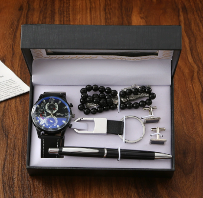 Big Dial Quartz Watch Business Gift Set with Gift Box Keychain & Rosary for Boyfriend Men's Father's Day