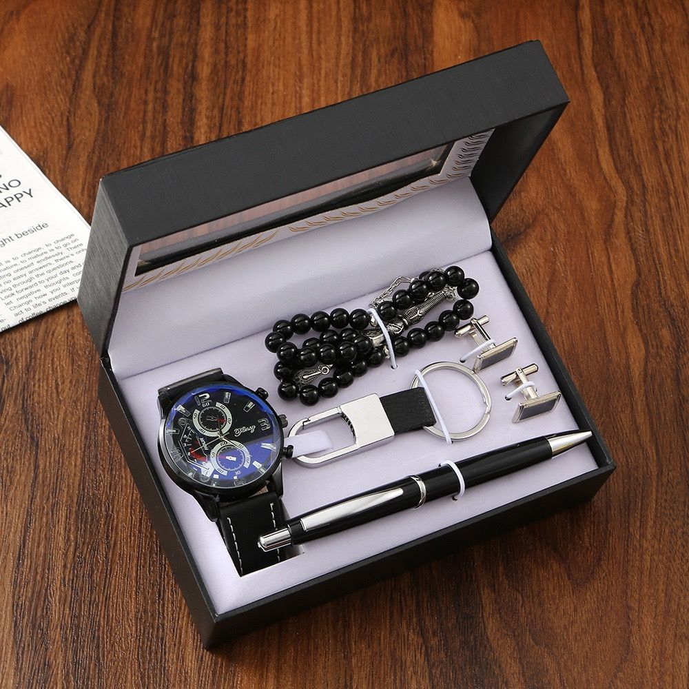 Big Dial Quartz Watch Business Gift Set with Gift Box Keychain & Rosary for Boyfriend Men's Father's Day