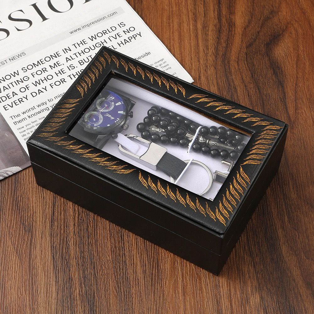 Big Dial Quartz Watch Business Gift Set with Gift Box Keychain & Rosary for Boyfriend Men's Father's Day