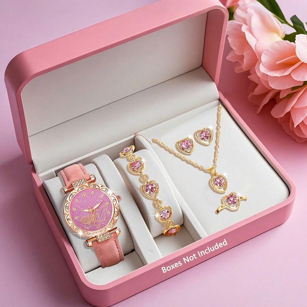 Pink Women Gift Luxury Ring Necklace Earring Rhinestone PU love Fashion Wristwatch Female Casual Ladies Watch Jewelry Set Clock