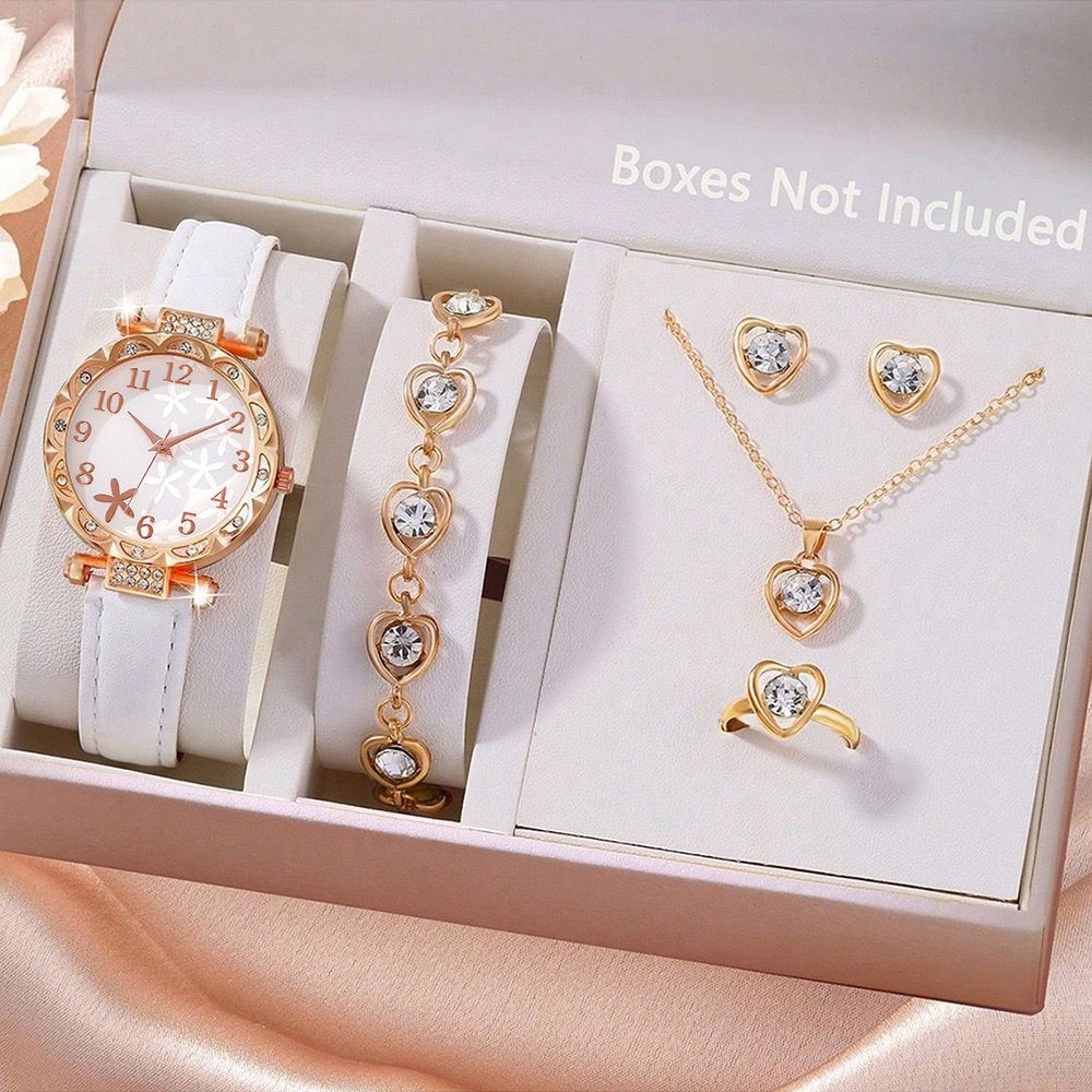Pink Women Gift Luxury Ring Necklace Earring Rhinestone PU love Fashion Wristwatch Female Casual Ladies Watch Jewelry Set Clock