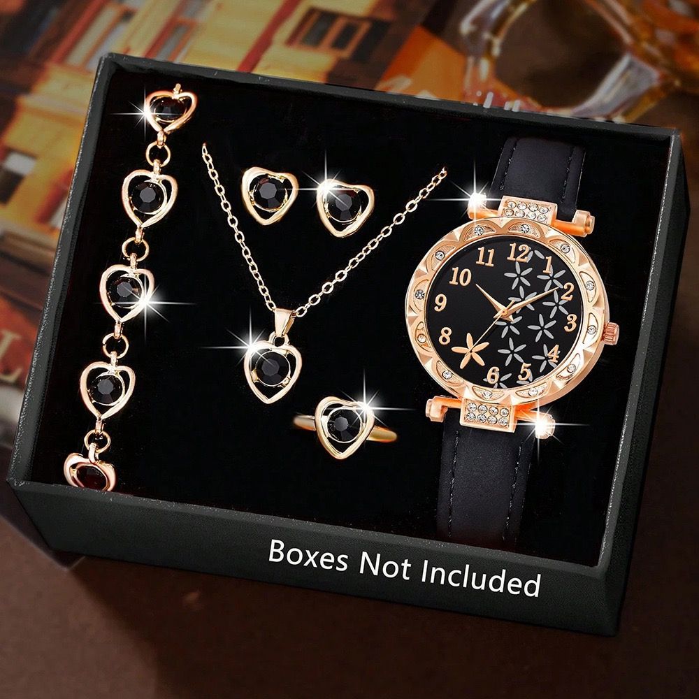 Pink Women Gift Luxury Ring Necklace Earring Rhinestone PU love Fashion Wristwatch Female Casual Ladies Watch Jewelry Set Clock