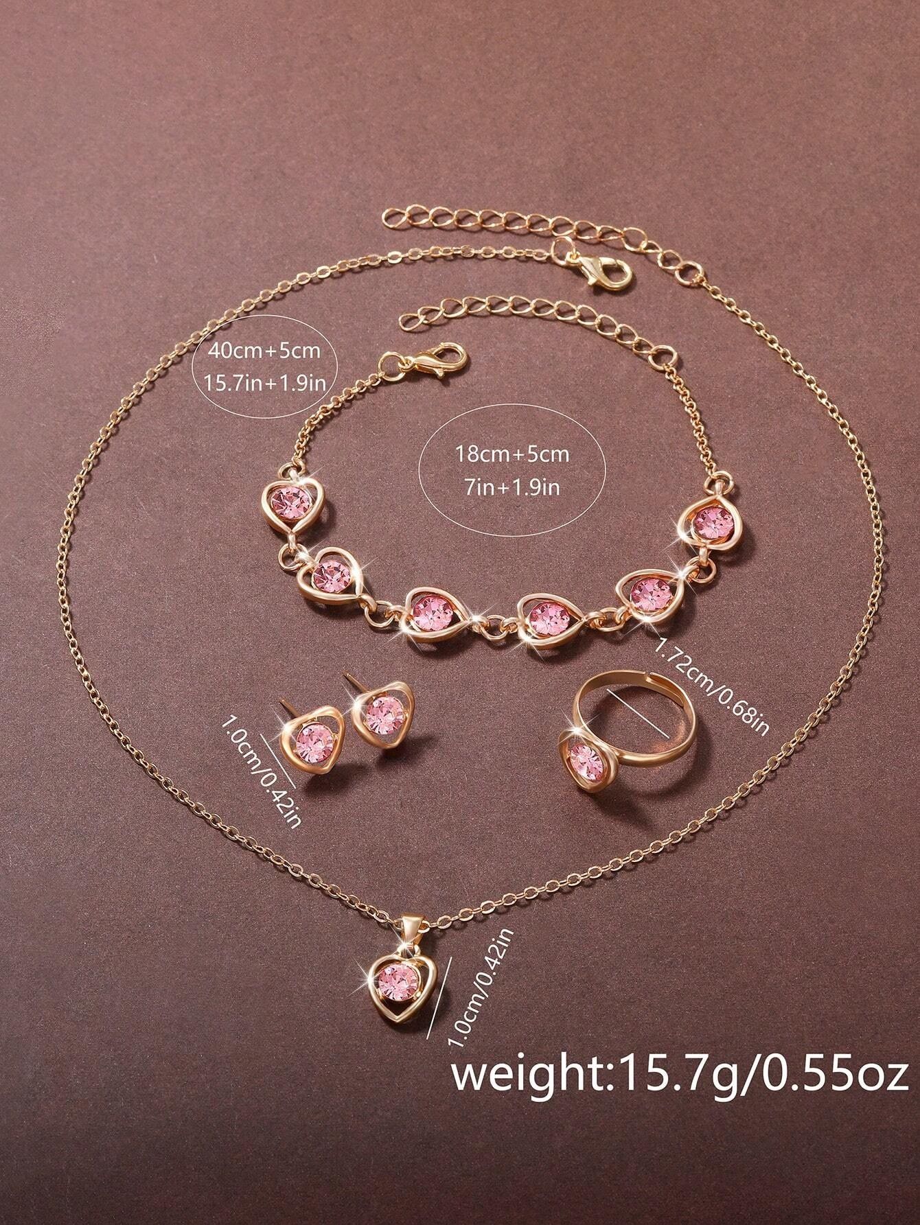 Pink Women Gift Luxury Ring Necklace Earring Rhinestone PU love Fashion Wristwatch Female Casual Ladies Watch Jewelry Set Clock