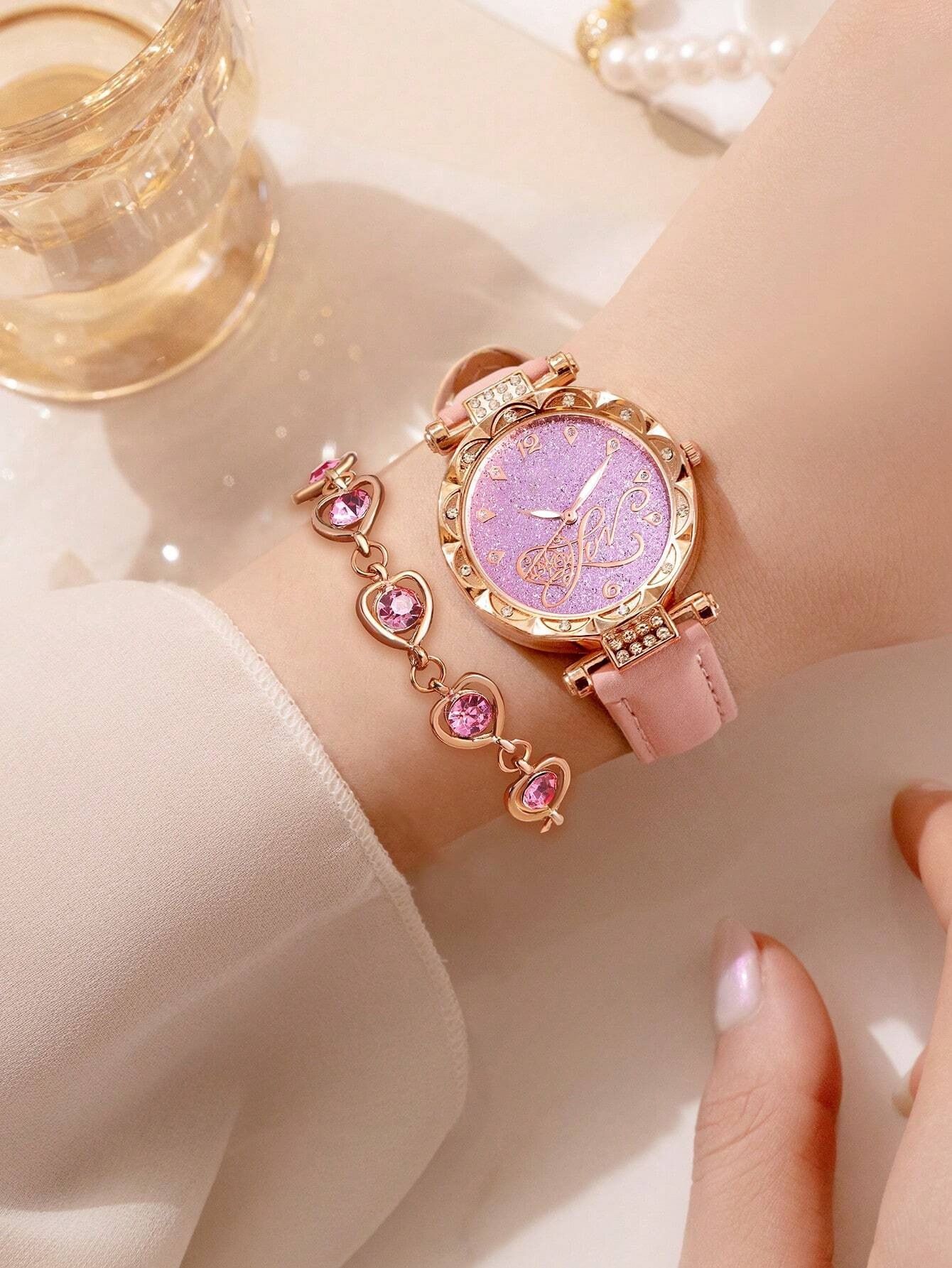Pink Women Gift Luxury Ring Necklace Earring Rhinestone PU love Fashion Wristwatch Female Casual Ladies Watch Jewelry Set Clock