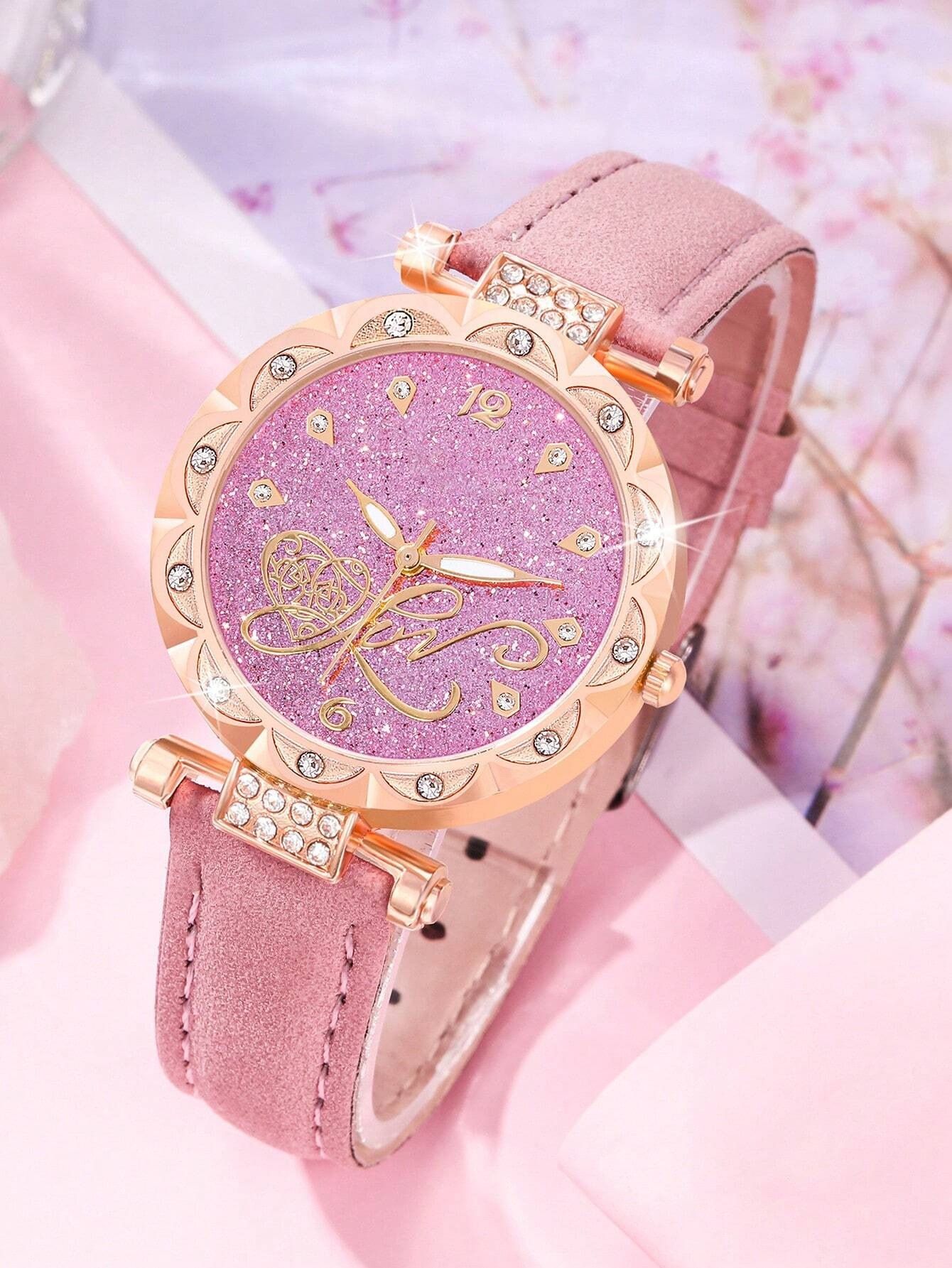 Pink Women Gift Luxury Ring Necklace Earring Rhinestone PU love Fashion Wristwatch Female Casual Ladies Watch Jewelry Set Clock