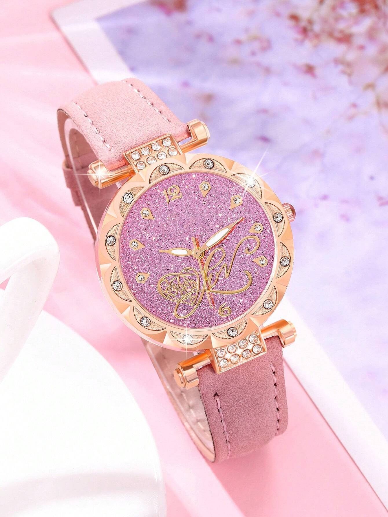 Pink Women Gift Luxury Ring Necklace Earring Rhinestone PU love Fashion Wristwatch Female Casual Ladies Watch Jewelry Set Clock
