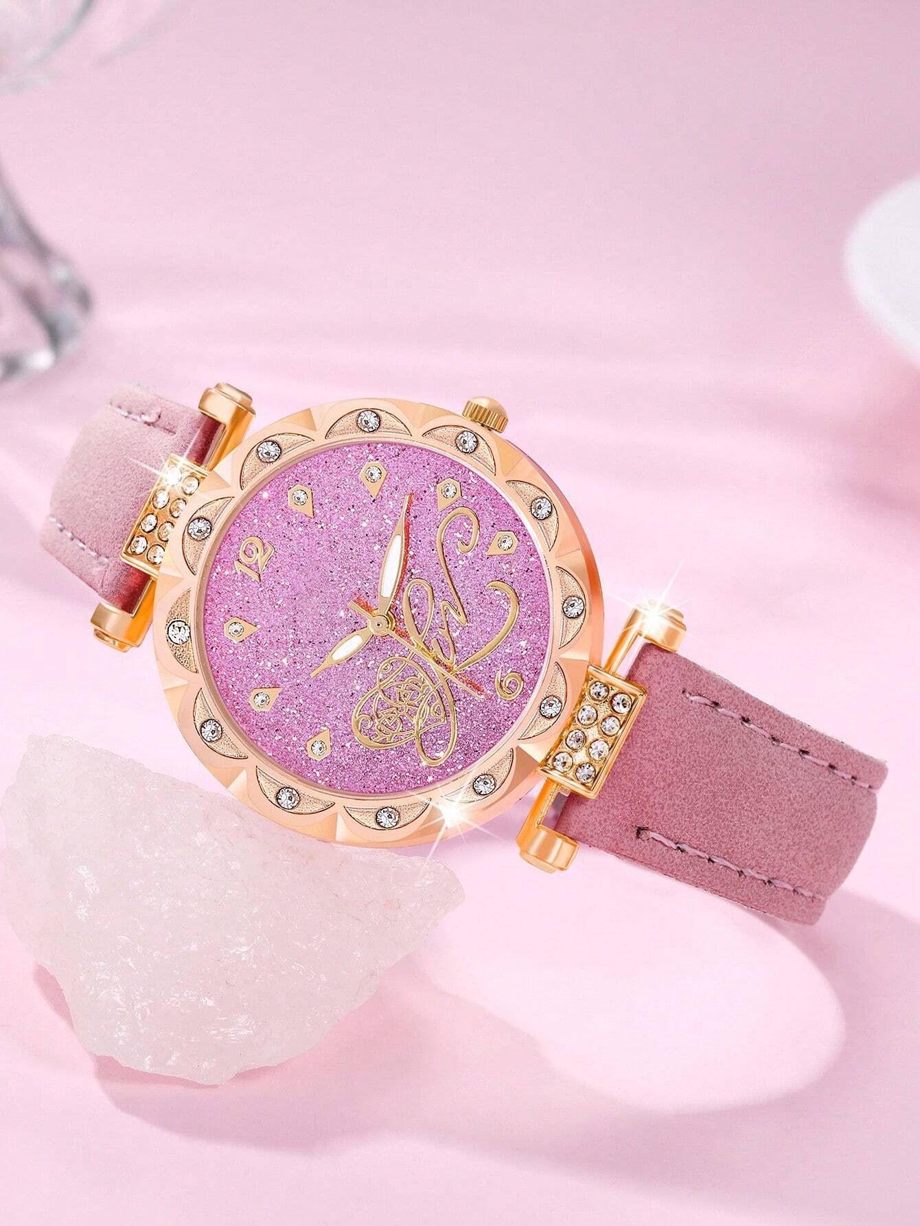 Pink Women Gift Luxury Ring Necklace Earring Rhinestone PU love Fashion Wristwatch Female Casual Ladies Watch Jewelry Set Clock