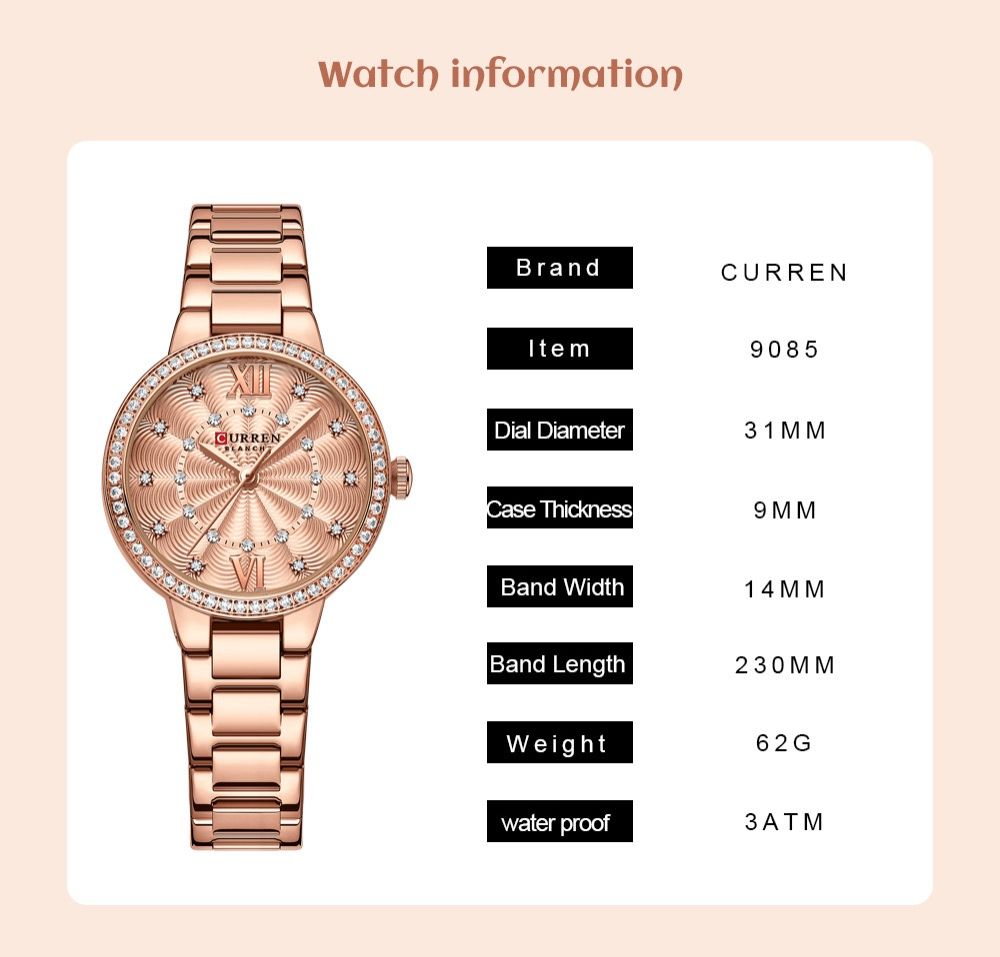 CURREN 9085 Simple Women's Quartz Watch Waterproof Stainless Steel Strap Women's Business Gentle Style Watch for Friends Gift