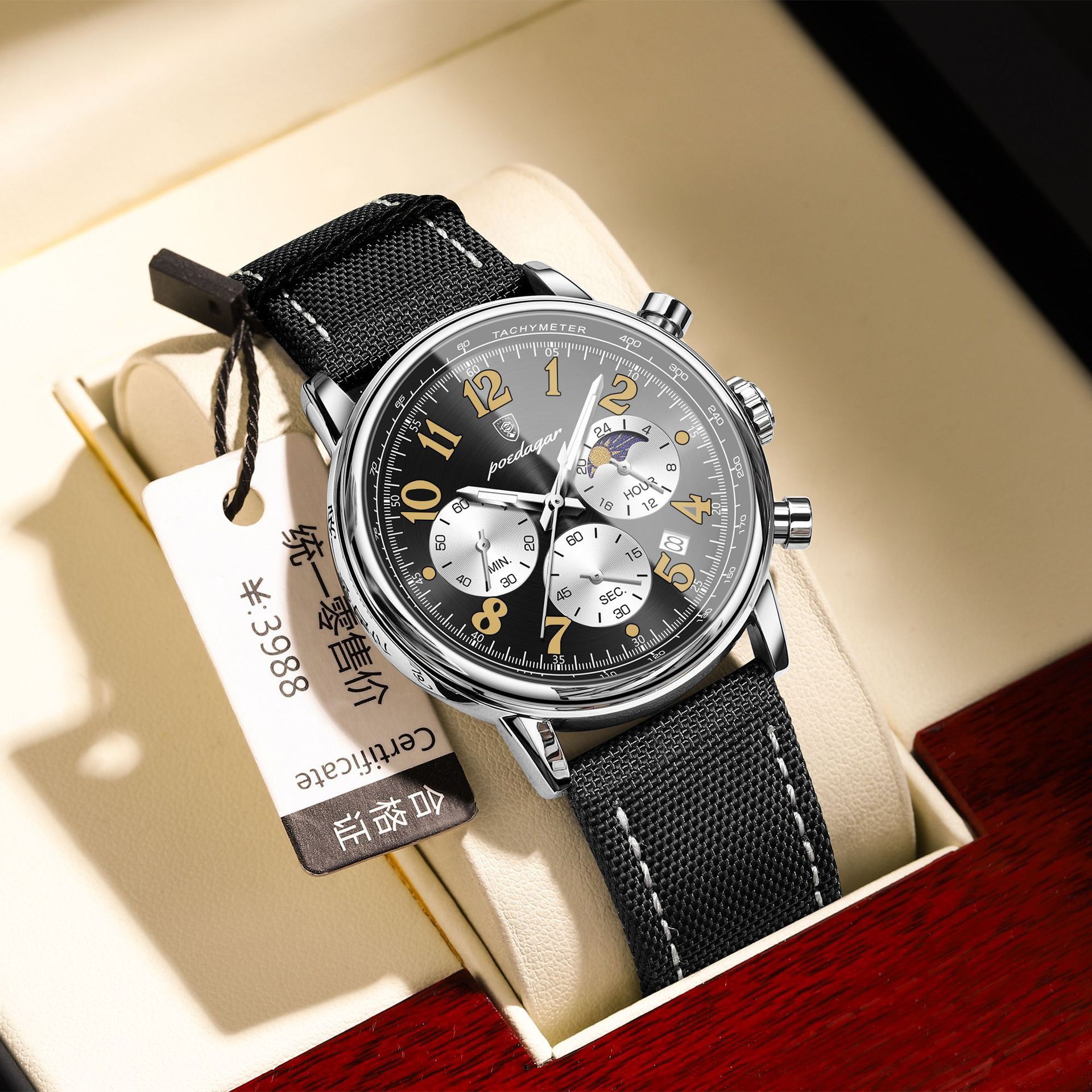 POEDAGAR 808 Luxury Sports Watch for Man Waterproof Luminous Chronograph Calendar Men Business Quartz Watches Blue Leather Strap