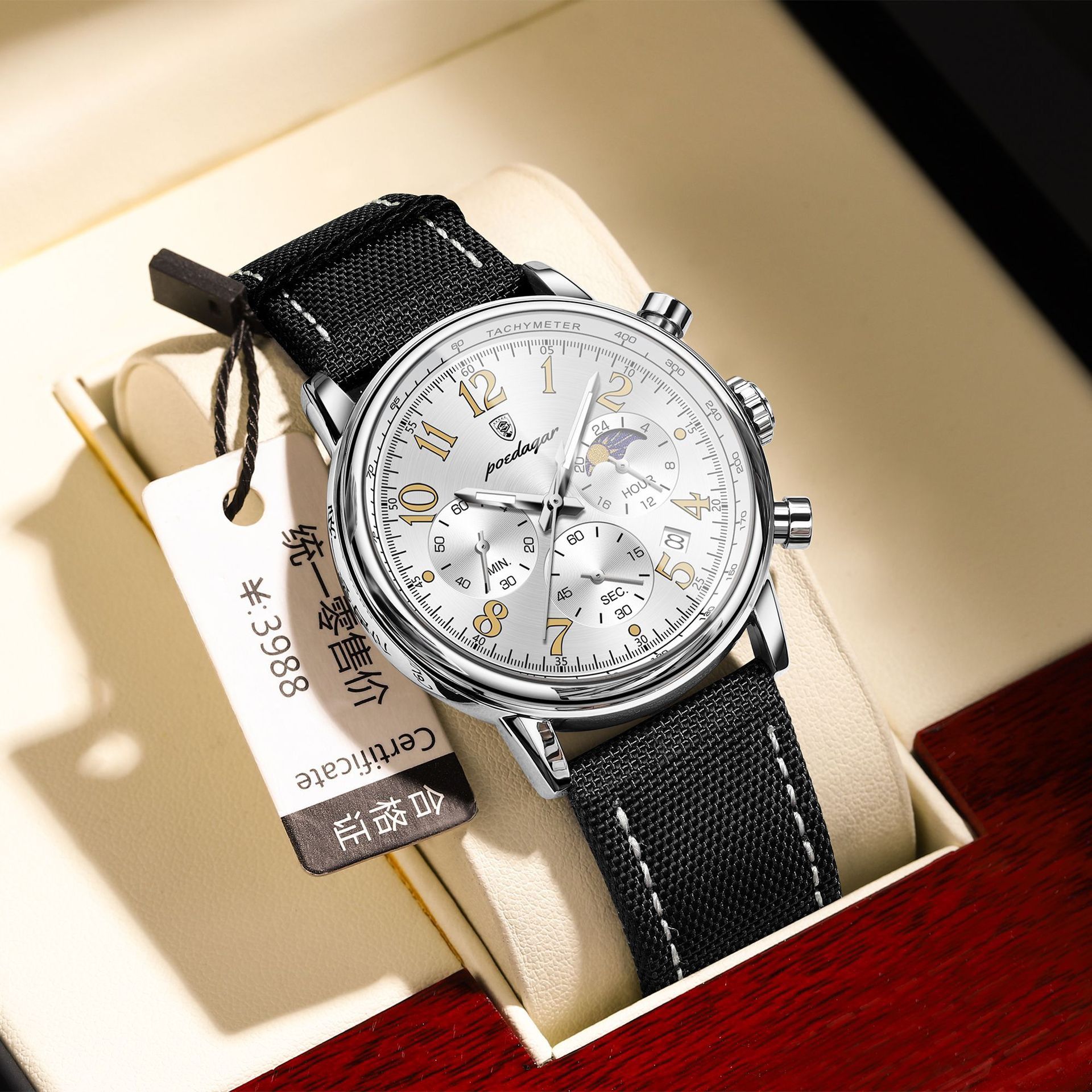 POEDAGAR 808 Luxury Sports Watch for Man Waterproof Luminous Chronograph Calendar Men Business Quartz Watches Blue Leather Strap