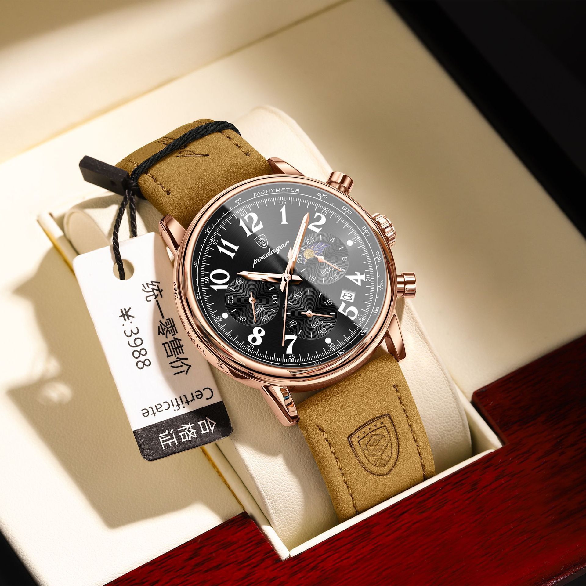 POEDAGAR 808 Luxury Sports Watch for Man Waterproof Luminous Chronograph Calendar Men Business Quartz Watches Blue Leather Strap