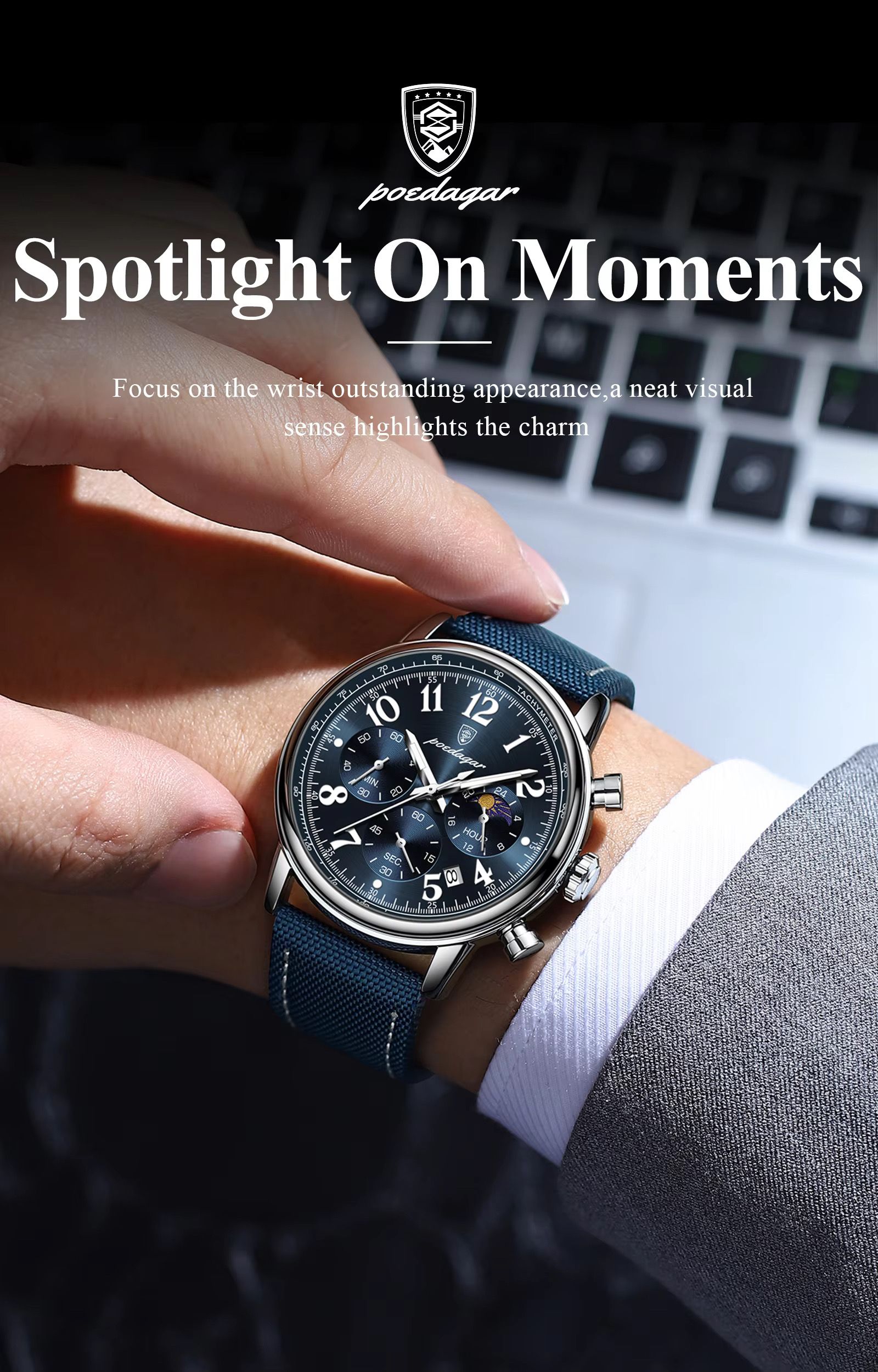 POEDAGAR 808 Luxury Sports Watch for Man Waterproof Luminous Chronograph Calendar Men Business Quartz Watches Blue Leather Strap