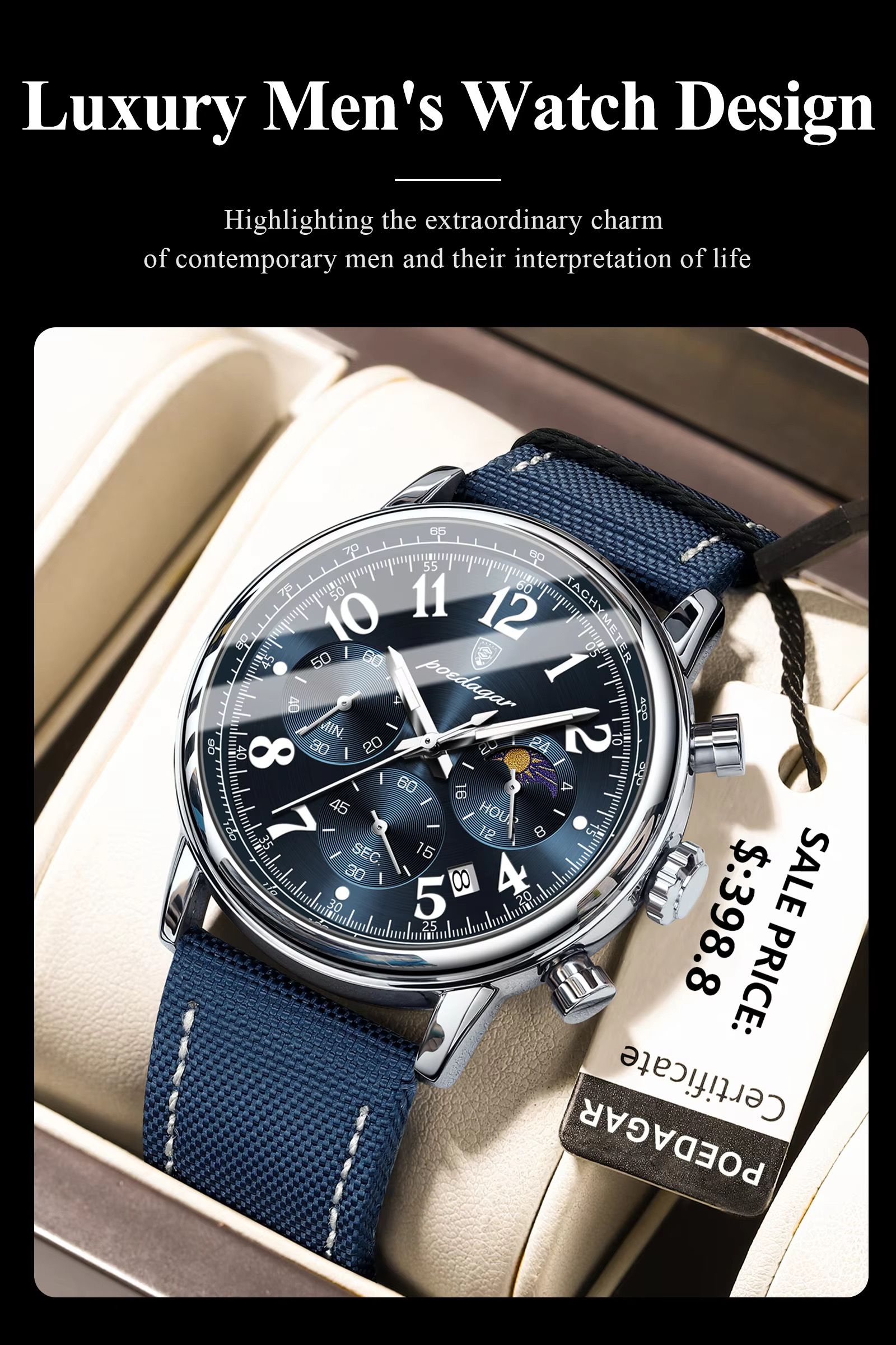 POEDAGAR 808 Luxury Sports Watch for Man Waterproof Luminous Chronograph Calendar Men Business Quartz Watches Blue Leather Strap