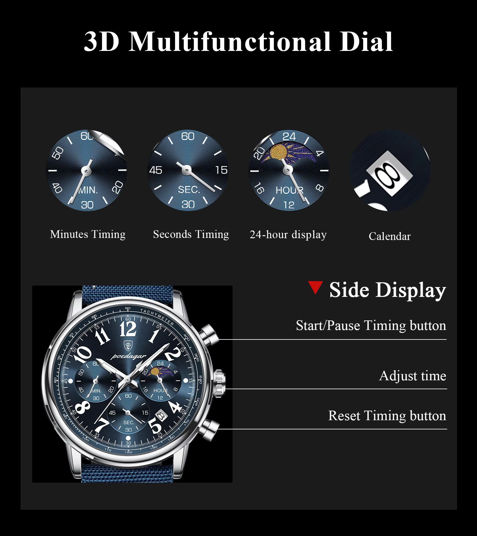 POEDAGAR 808 Luxury Sports Watch for Man Waterproof Luminous Chronograph Calendar Men Business Quartz Watches Blue Leather Strap