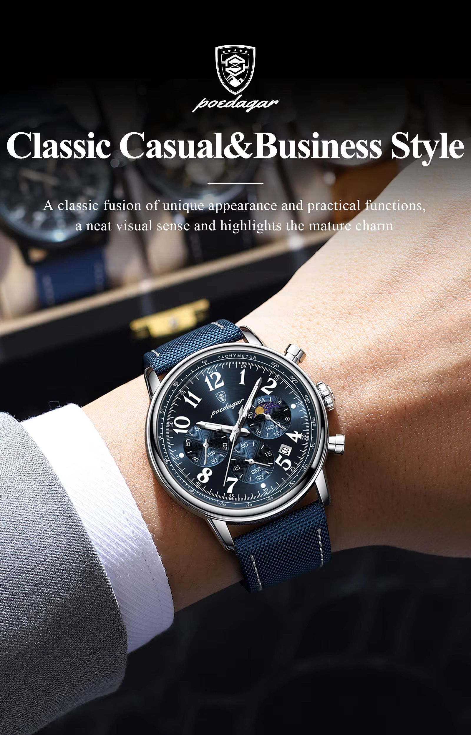 POEDAGAR 808 Luxury Sports Watch for Man Waterproof Luminous Chronograph Calendar Men Business Quartz Watches Blue Leather Strap