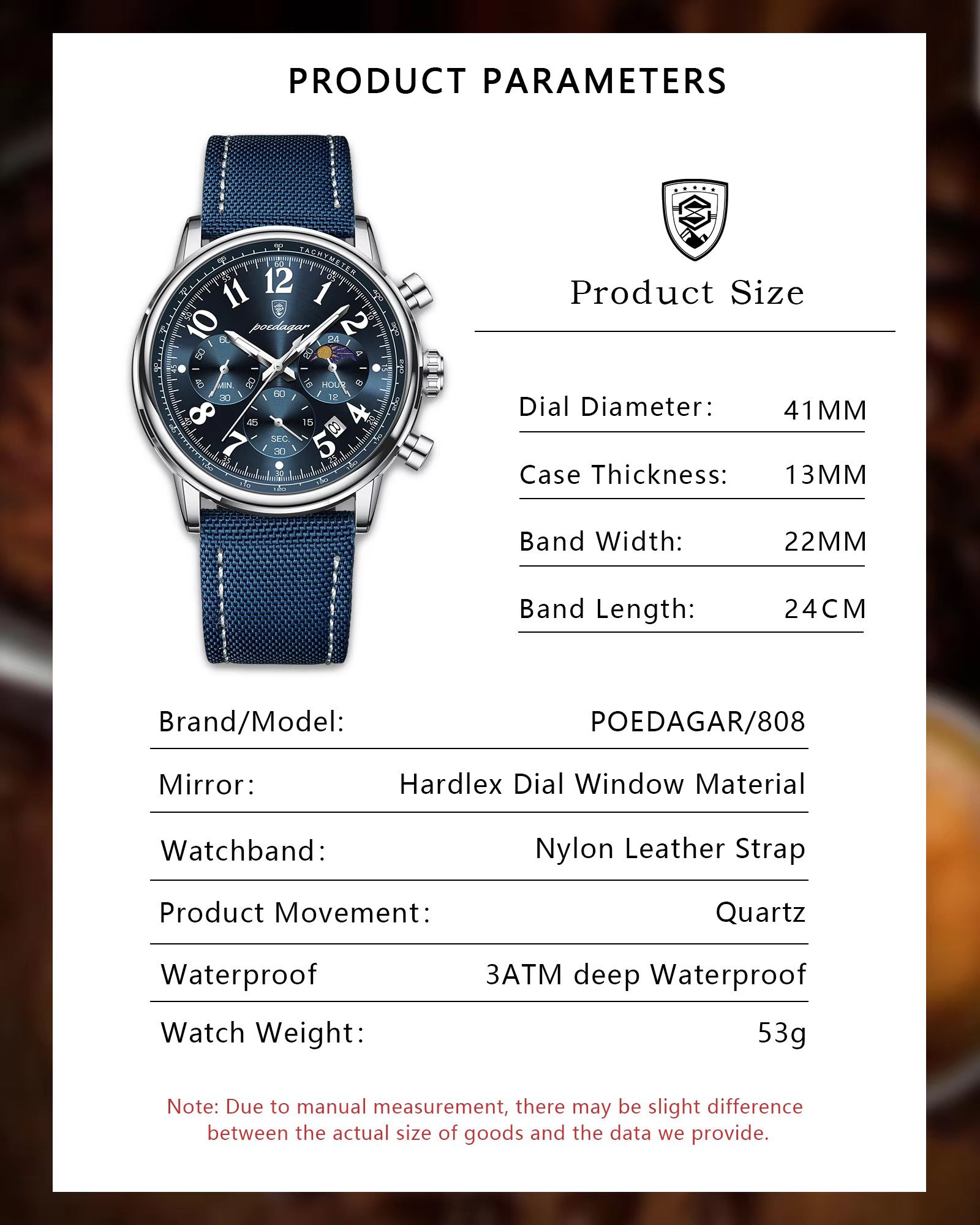 POEDAGAR 808 Luxury Sports Watch for Man Waterproof Luminous Chronograph Calendar Men Business Quartz Watches Blue Leather Strap