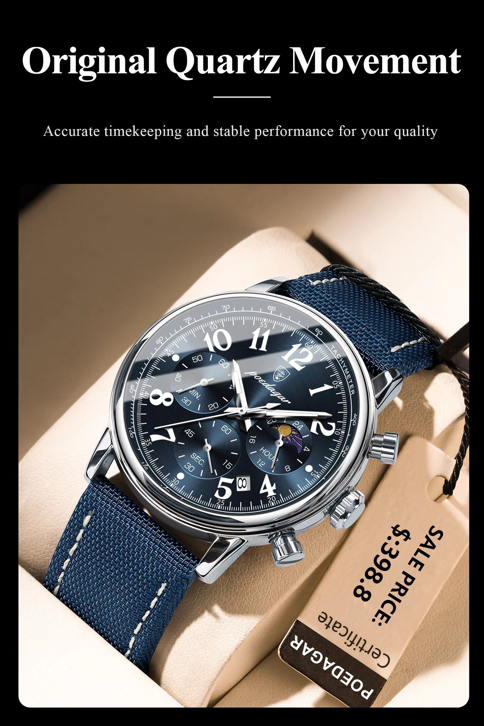 POEDAGAR 808 Luxury Sports Watch for Man Waterproof Luminous Chronograph Calendar Men Business Quartz Watches Blue Leather Strap