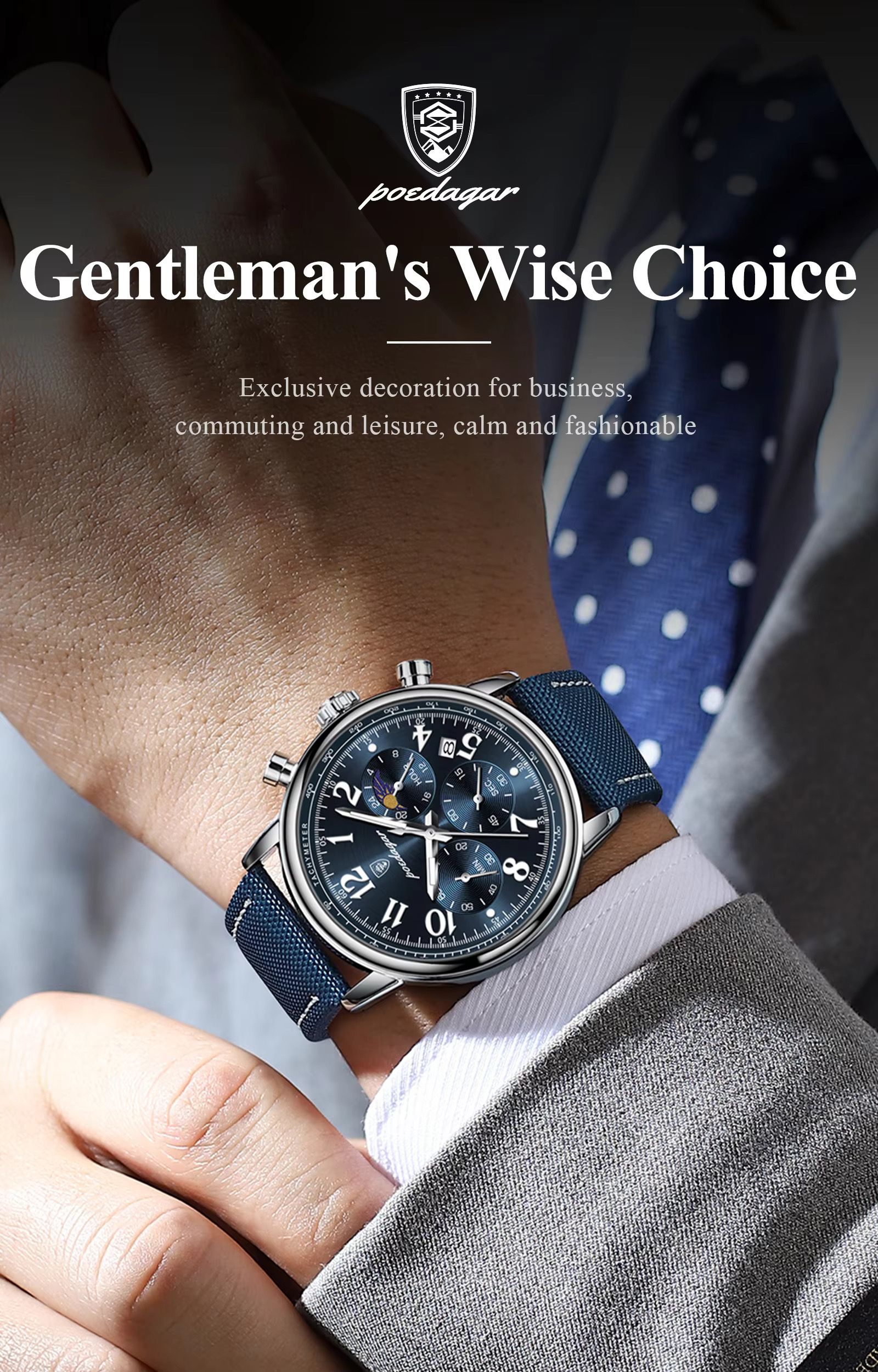 POEDAGAR 808 Luxury Sports Watch for Man Waterproof Luminous Chronograph Calendar Men Business Quartz Watches Blue Leather Strap