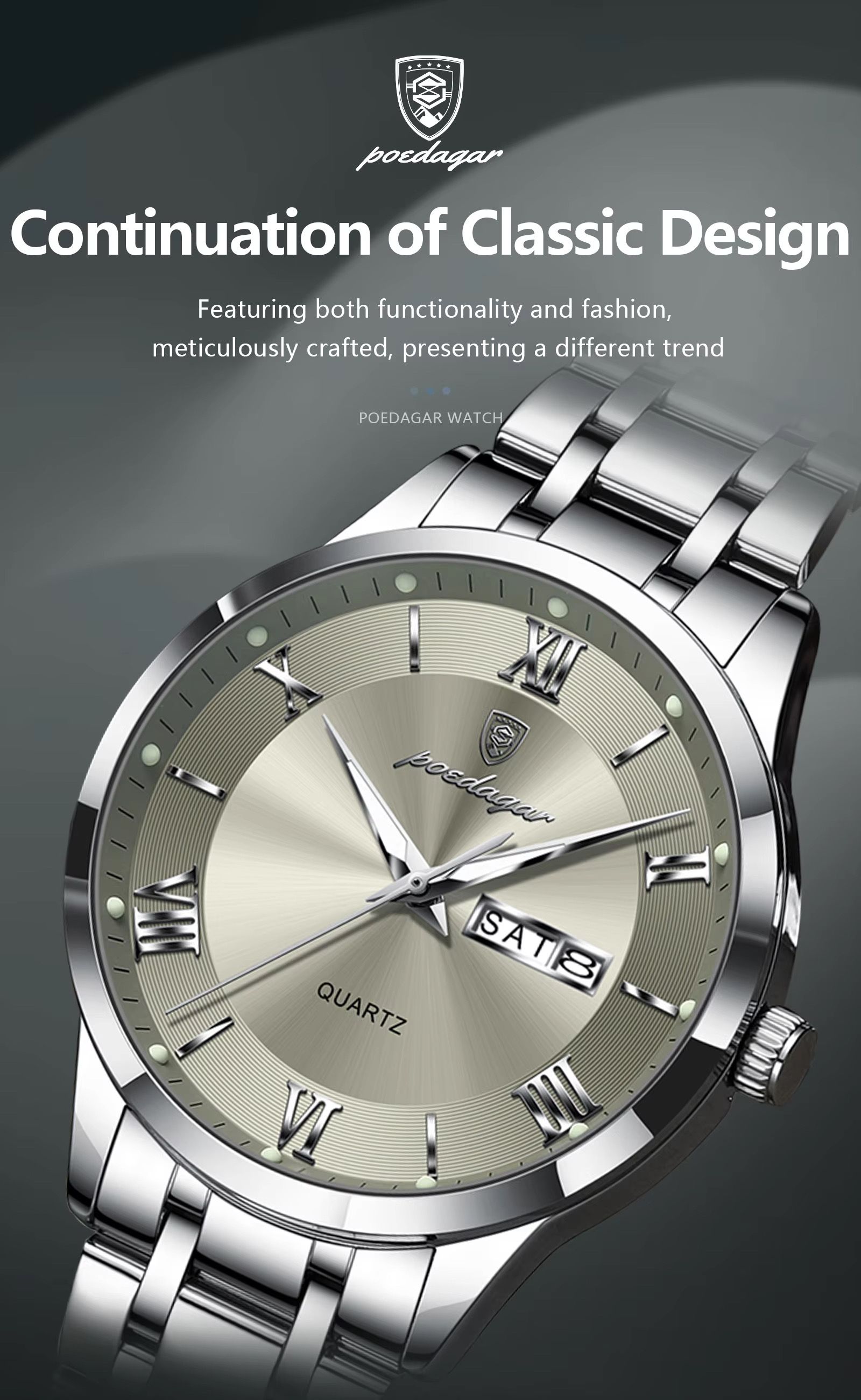 Poedagar 978 Luxury Quartz Watches Stainless Steel Bracelet Watch for Men Luminous Waterproof Mens Watch