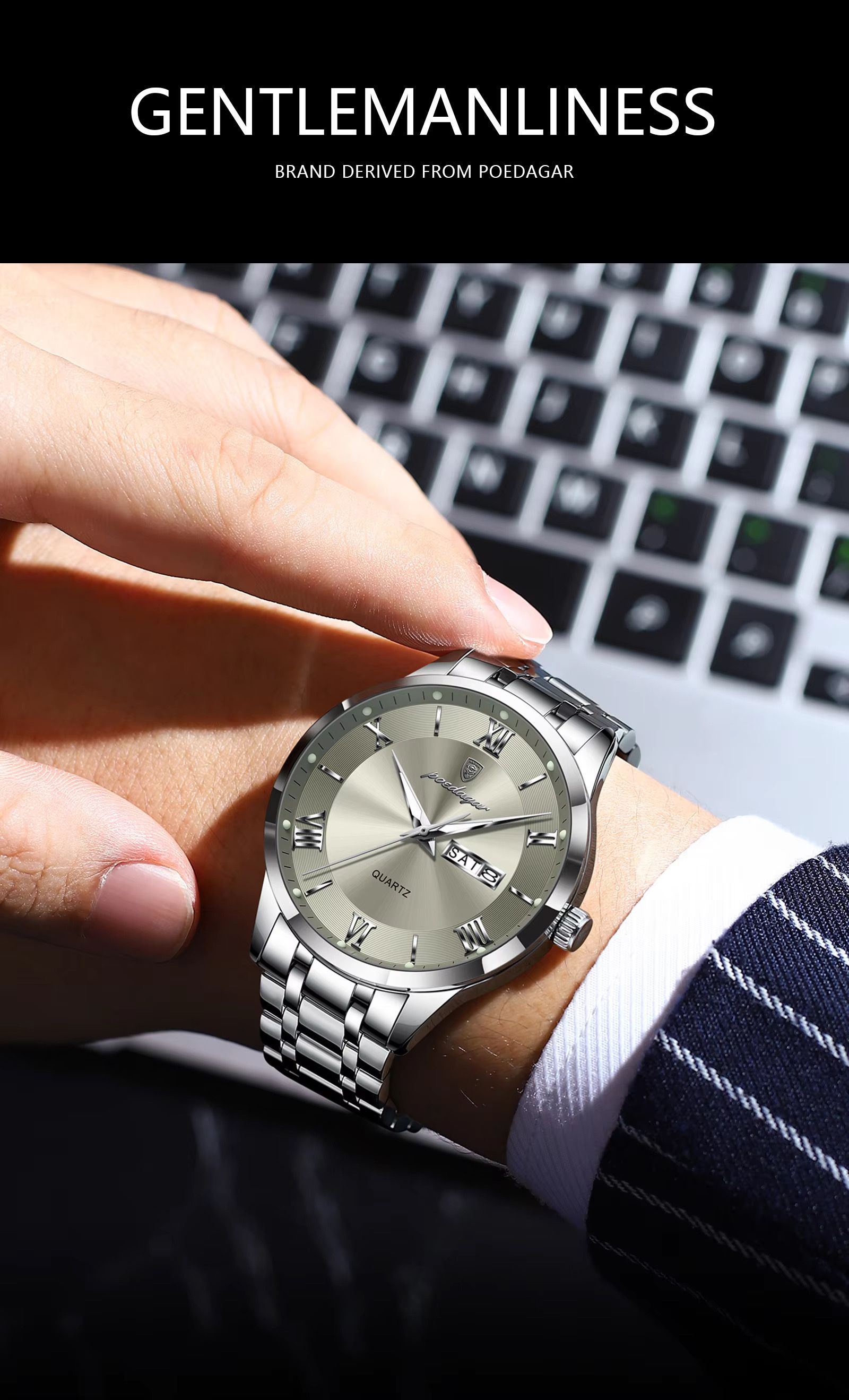 Poedagar 978 Luxury Quartz Watches Stainless Steel Bracelet Watch for Men Luminous Waterproof Mens Watch