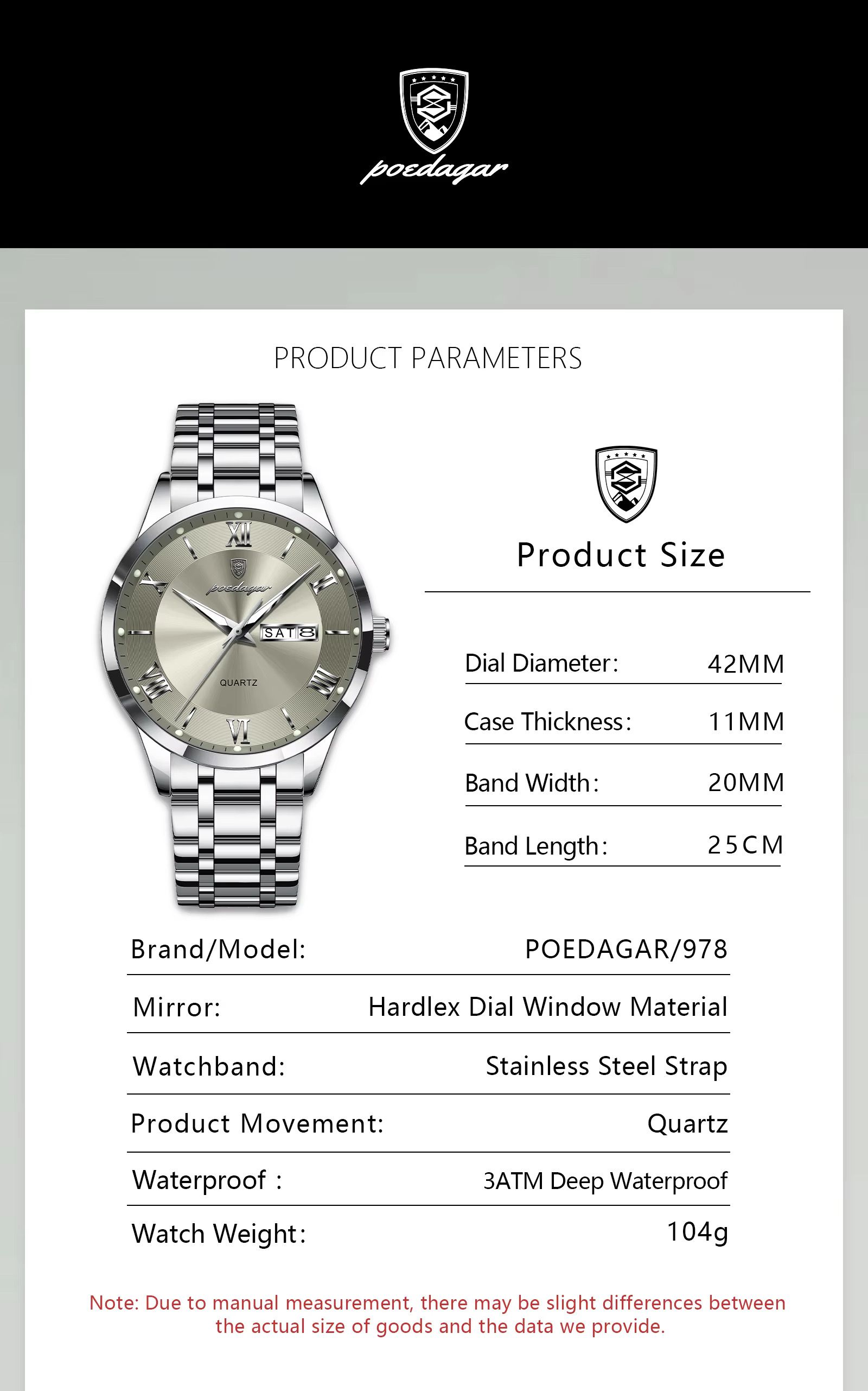 Poedagar 978 Luxury Quartz Watches Stainless Steel Bracelet Watch for Men Luminous Waterproof Mens Watch