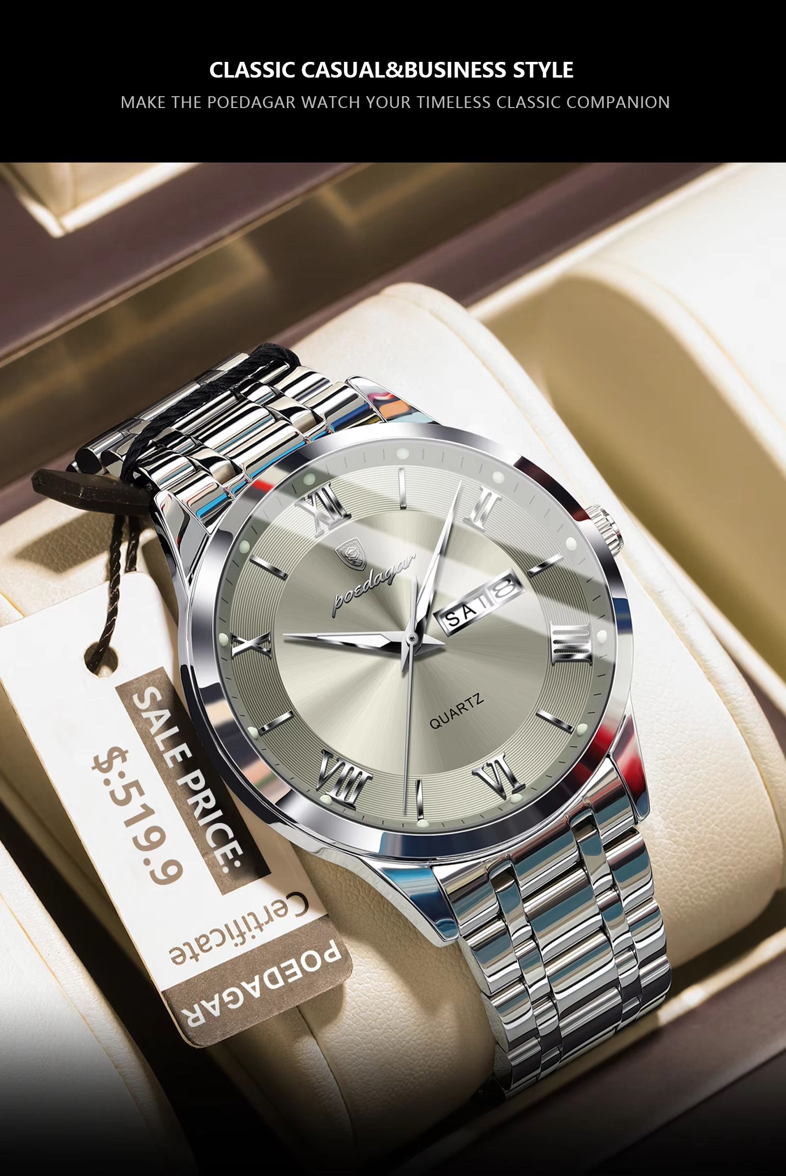 Poedagar 978 Luxury Quartz Watches Stainless Steel Bracelet Watch for Men Luminous Waterproof Mens Watch