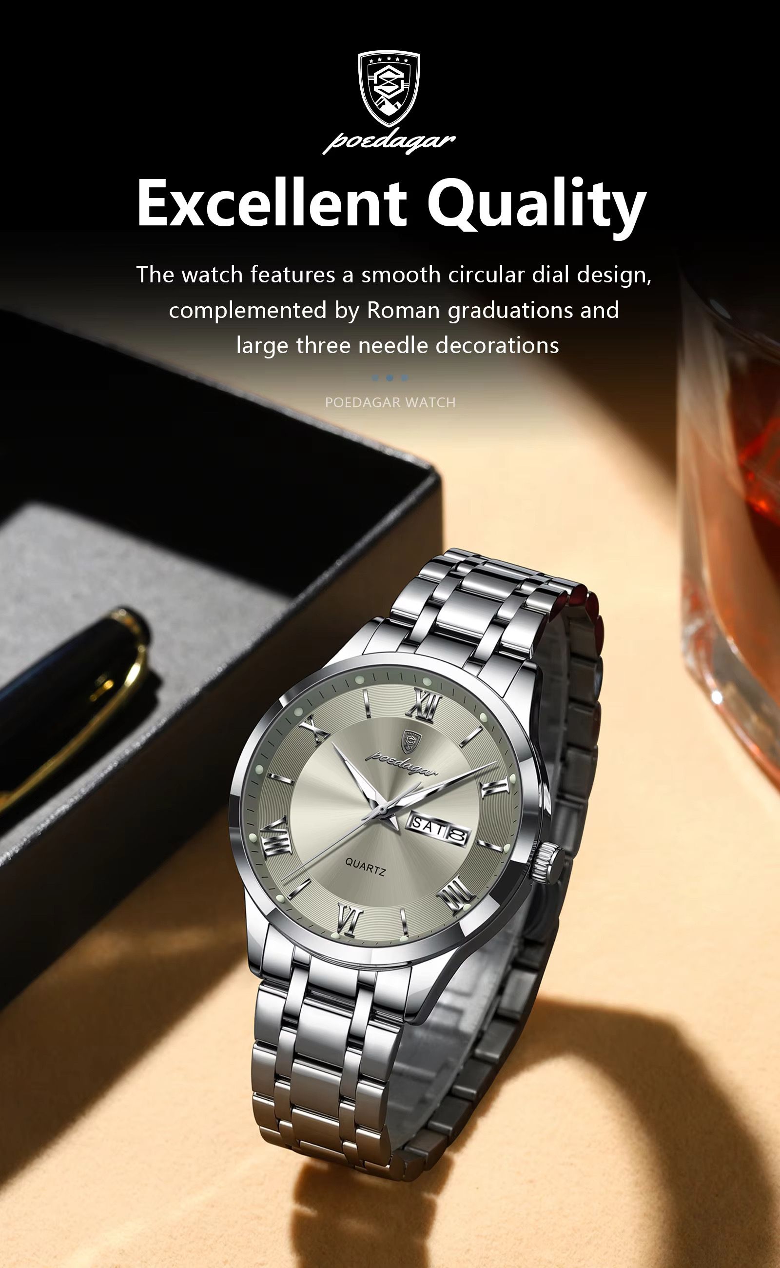 Poedagar 978 Luxury Quartz Watches Stainless Steel Bracelet Watch for Men Luminous Waterproof Mens Watch