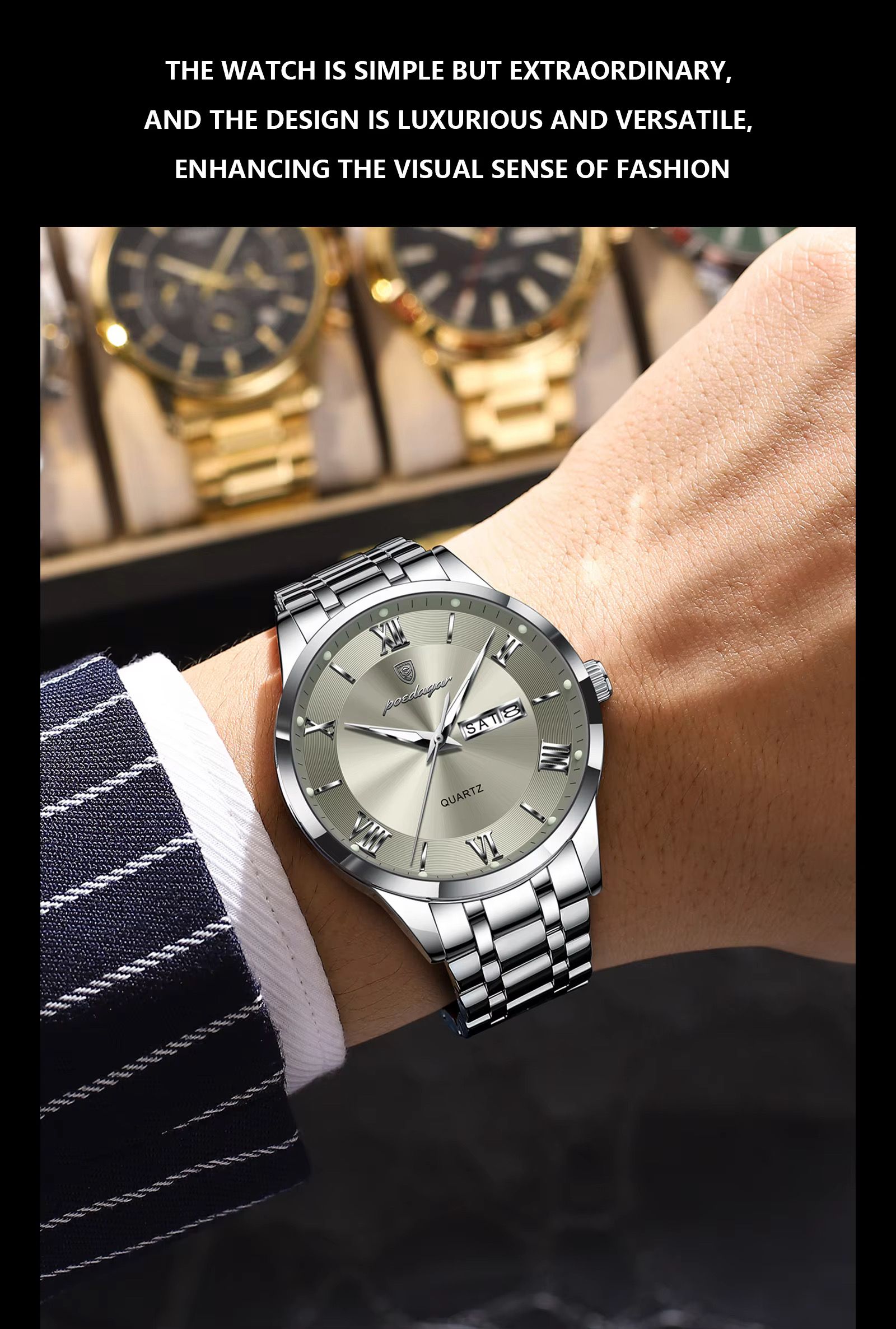 Poedagar 978 Luxury Quartz Watches Stainless Steel Bracelet Watch for Men Luminous Waterproof Mens Watch