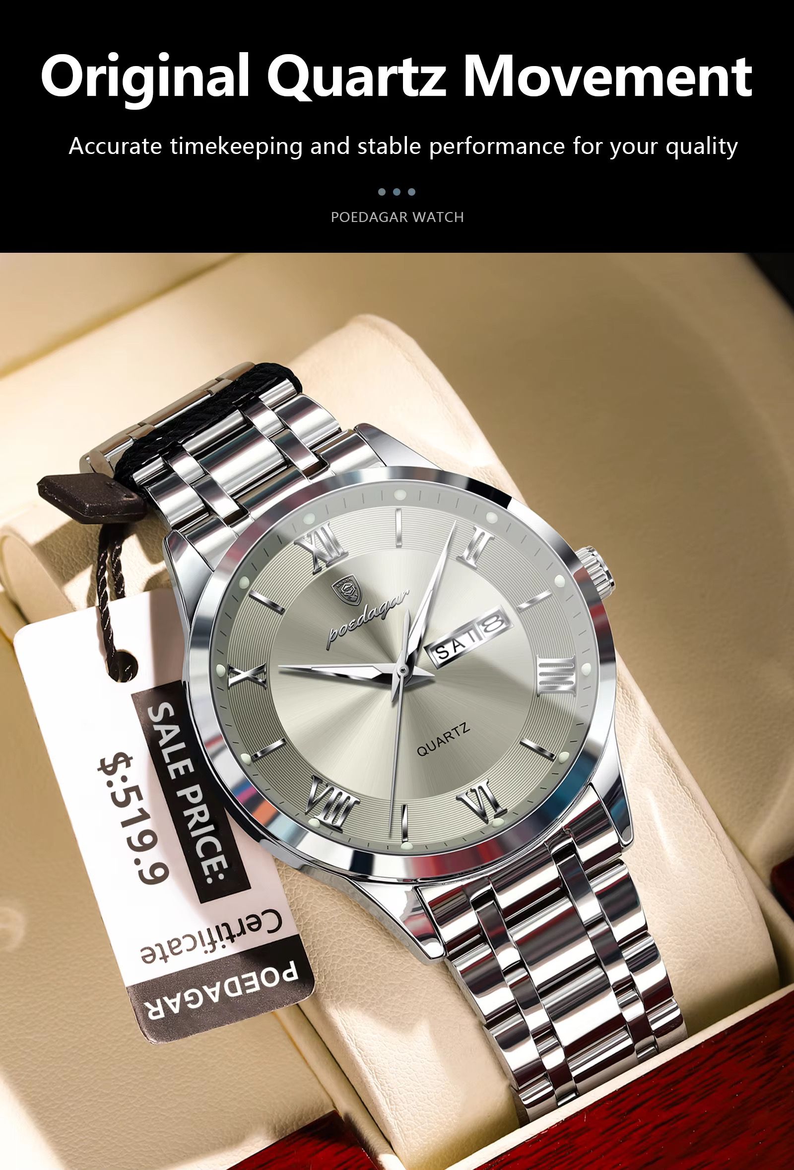 Poedagar 978 Luxury Quartz Watches Stainless Steel Bracelet Watch for Men Luminous Waterproof Mens Watch