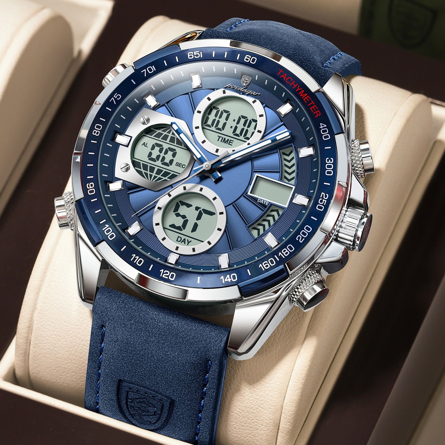 POEDAGAR E108 Chronograph Dual Display Digital LED Watches for Men Date Week Waterproof Luxury Leather Quartz Wrist Men's Watch