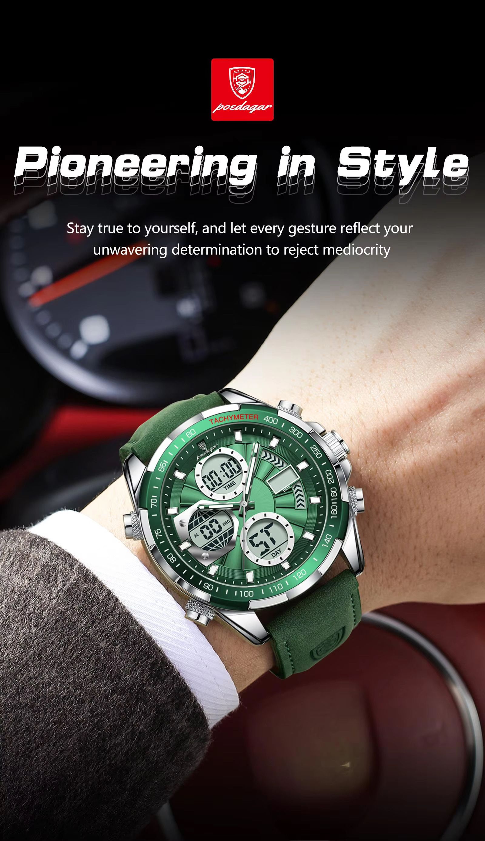 POEDAGAR E108 Chronograph Dual Display Digital LED Watches for Men Date Week Waterproof Luxury Leather Quartz Wrist Men's Watch