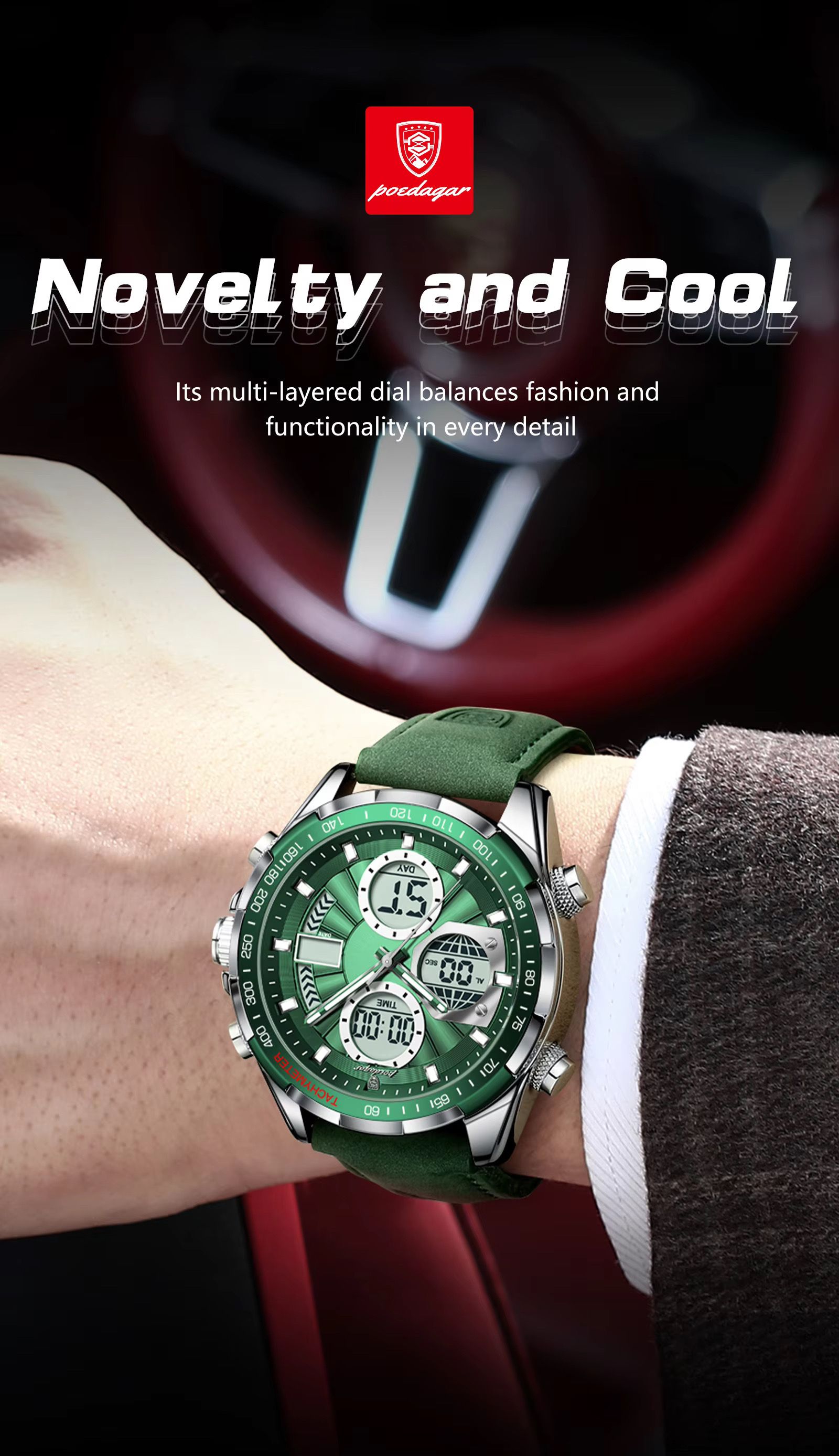 POEDAGAR E108 Chronograph Dual Display Digital LED Watches for Men Date Week Waterproof Luxury Leather Quartz Wrist Men's Watch