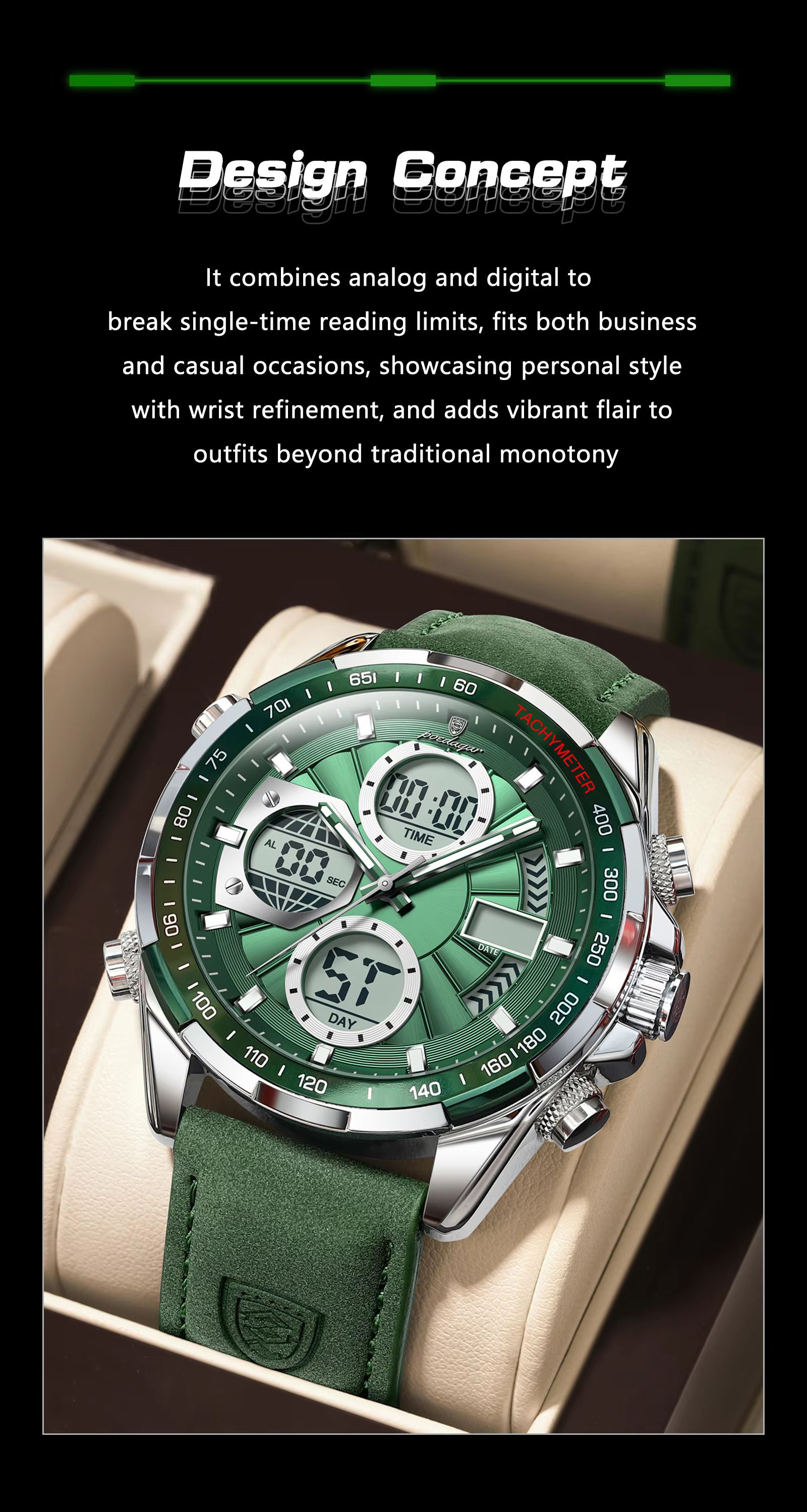 POEDAGAR E108 Chronograph Dual Display Digital LED Watches for Men Date Week Waterproof Luxury Leather Quartz Wrist Men's Watch