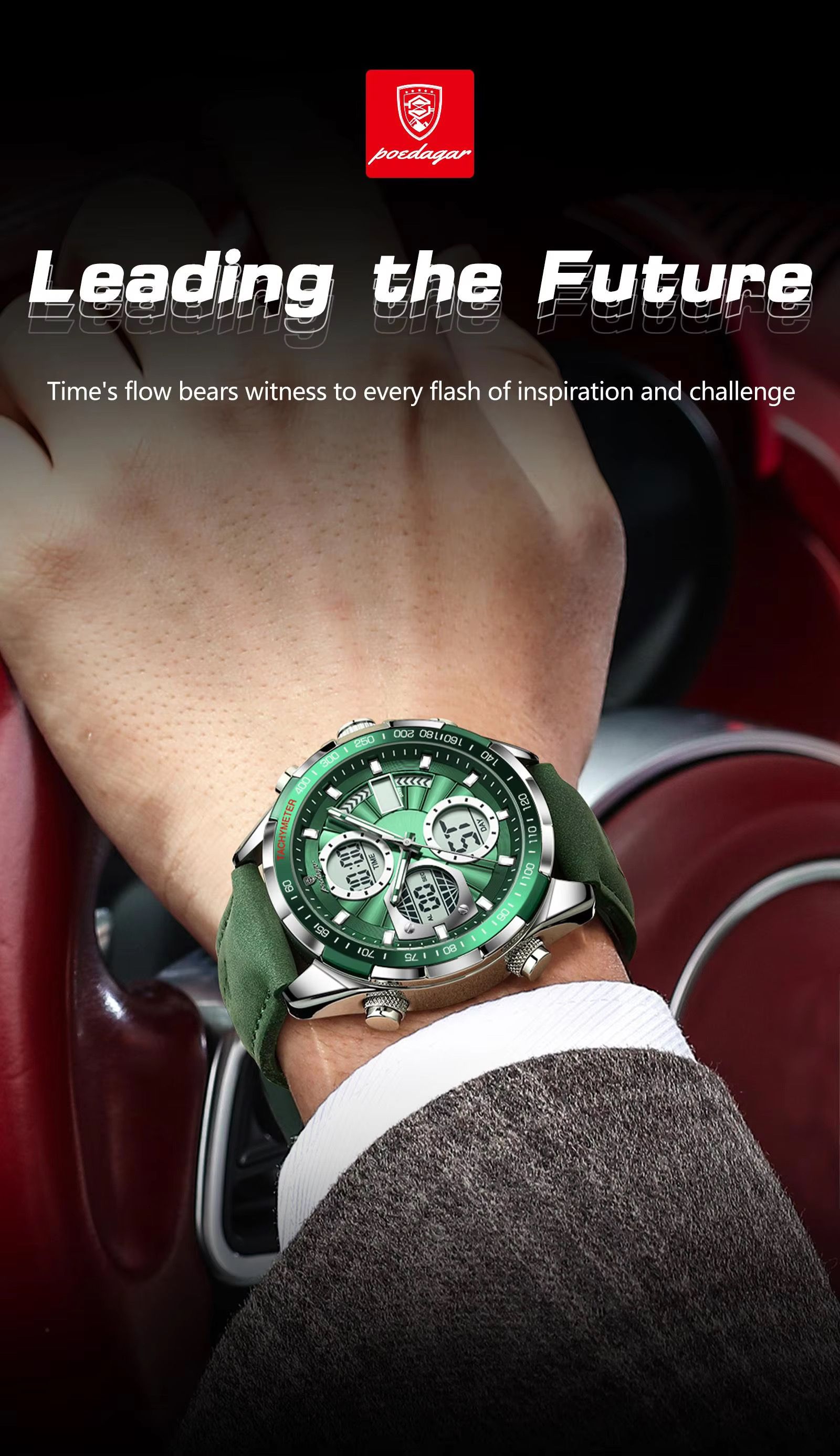 POEDAGAR E108 Chronograph Dual Display Digital LED Watches for Men Date Week Waterproof Luxury Leather Quartz Wrist Men's Watch