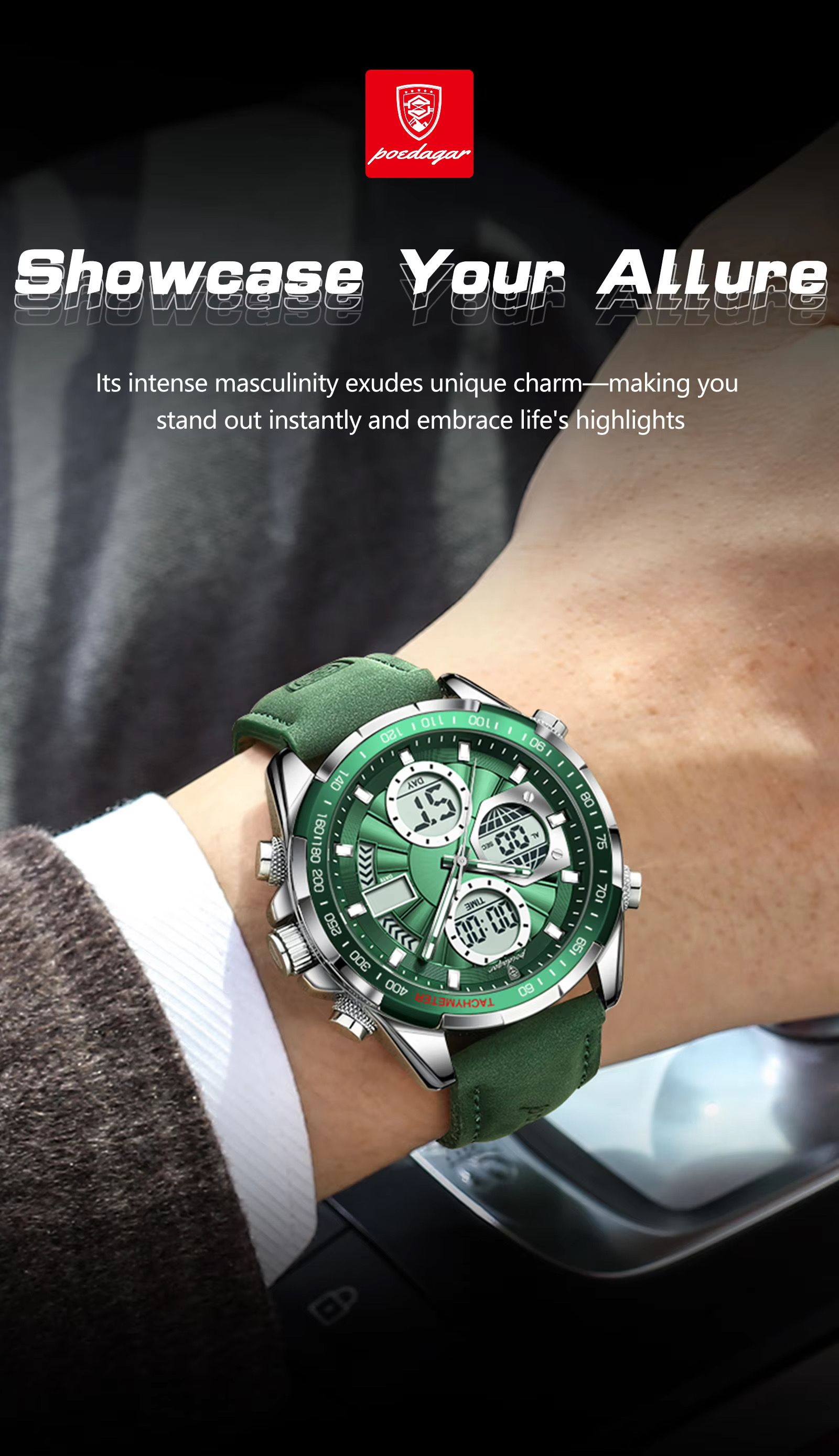 POEDAGAR E108 Chronograph Dual Display Digital LED Watches for Men Date Week Waterproof Luxury Leather Quartz Wrist Men's Watch