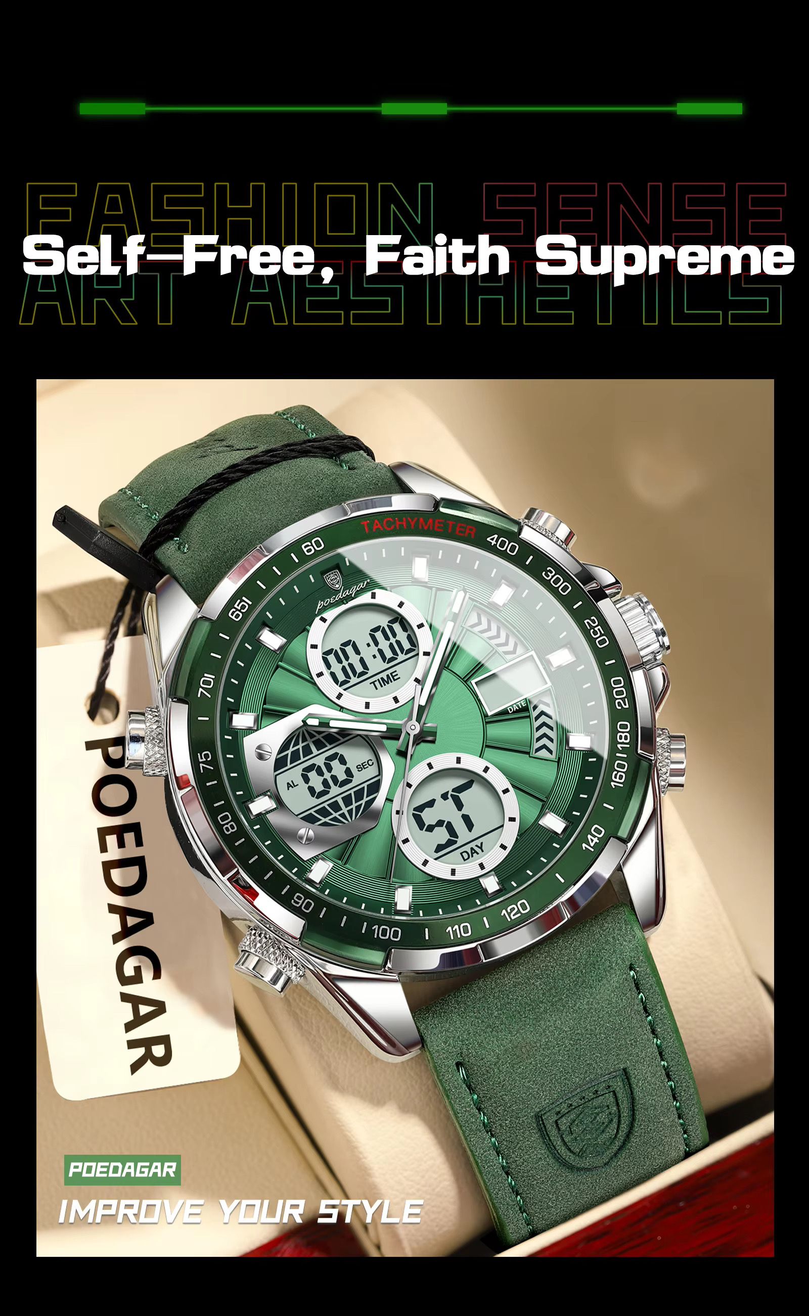 POEDAGAR E108 Chronograph Dual Display Digital LED Watches for Men Date Week Waterproof Luxury Leather Quartz Wrist Men's Watch