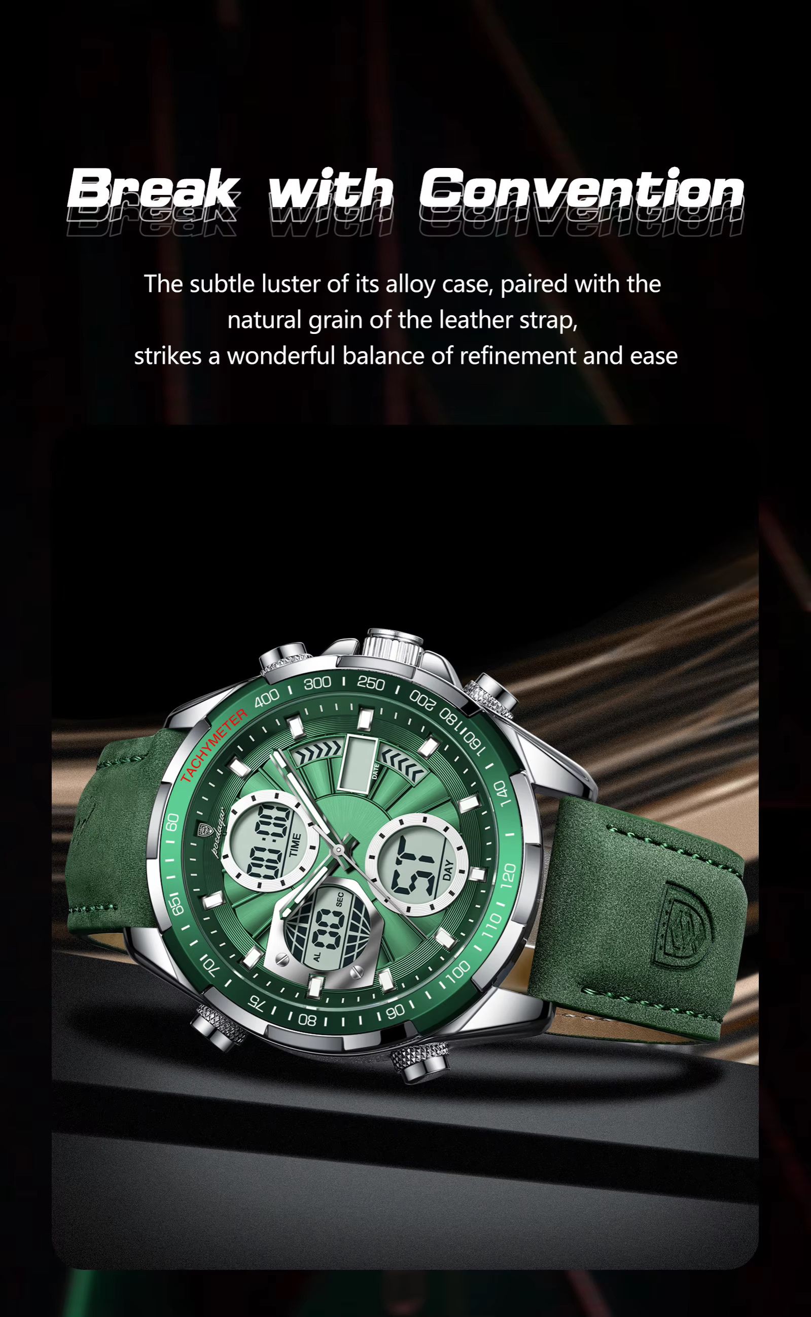 POEDAGAR E108 Chronograph Dual Display Digital LED Watches for Men Date Week Waterproof Luxury Leather Quartz Wrist Men's Watch