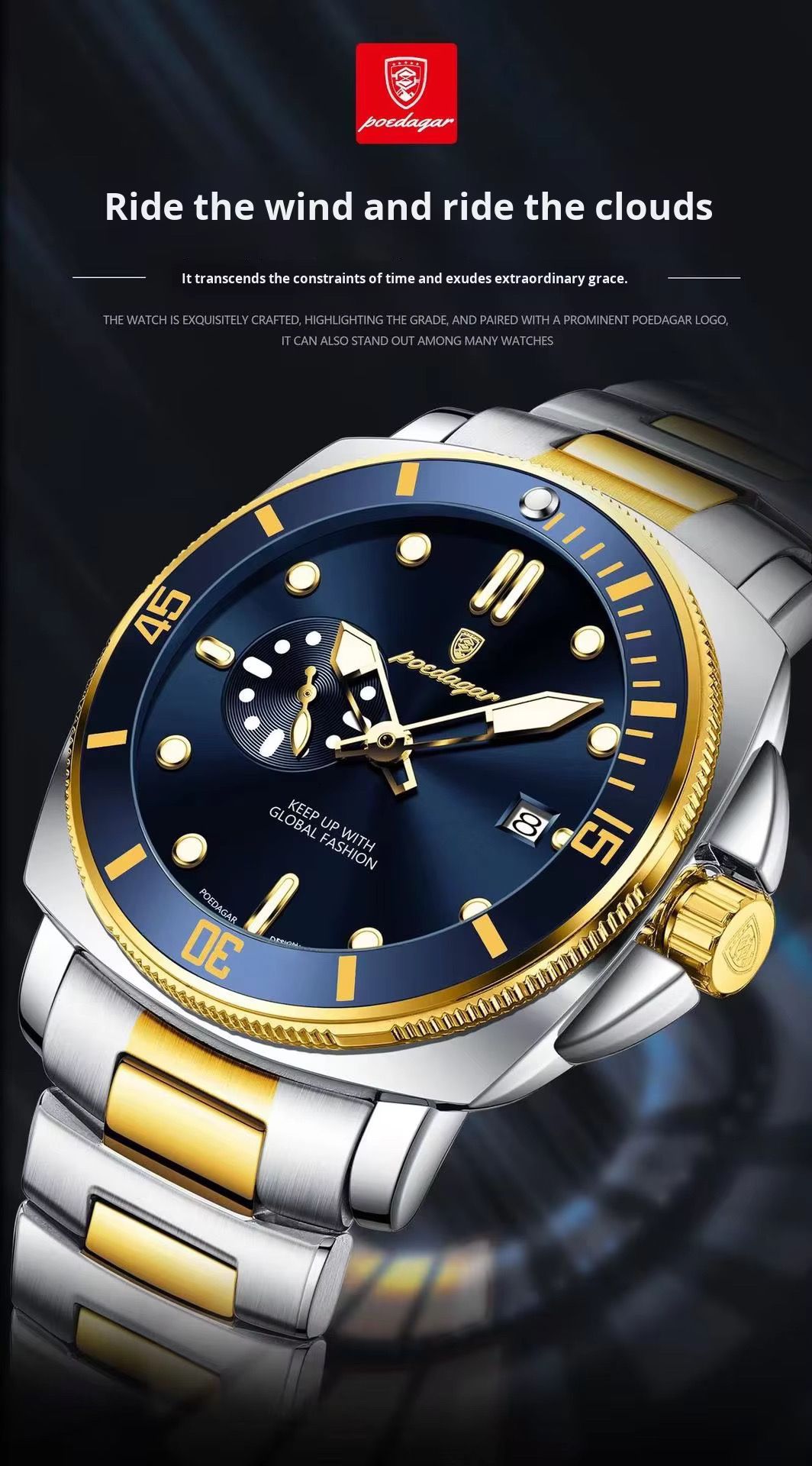 POEDAGAR 873 Stainless Steel Quartz Watches Date Display Unique Charm Classic Men Watch Luminous Hands Waterproof Reloj Clock