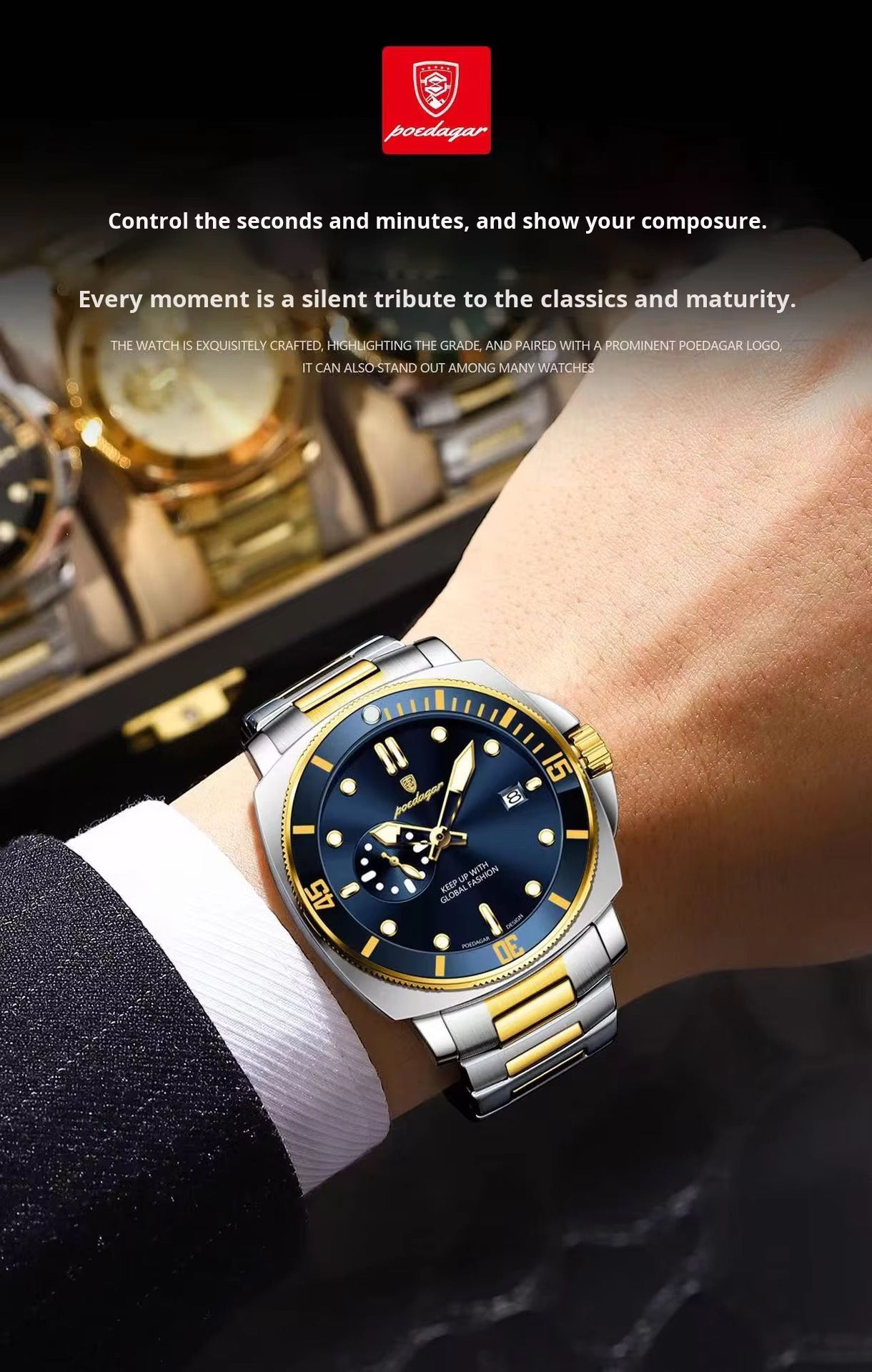 POEDAGAR 873 Stainless Steel Quartz Watches Date Display Unique Charm Classic Men Watch Luminous Hands Waterproof Reloj Clock
