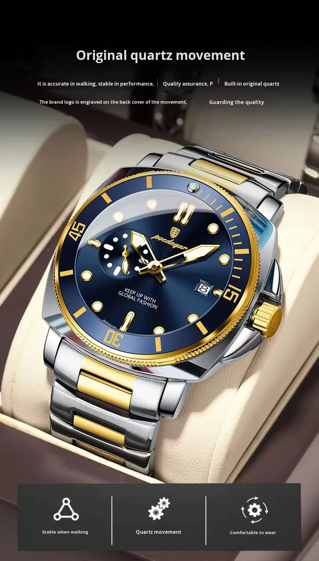 POEDAGAR 873 Stainless Steel Quartz Watches Date Display Unique Charm Classic Men Watch Luminous Hands Waterproof Reloj Clock
