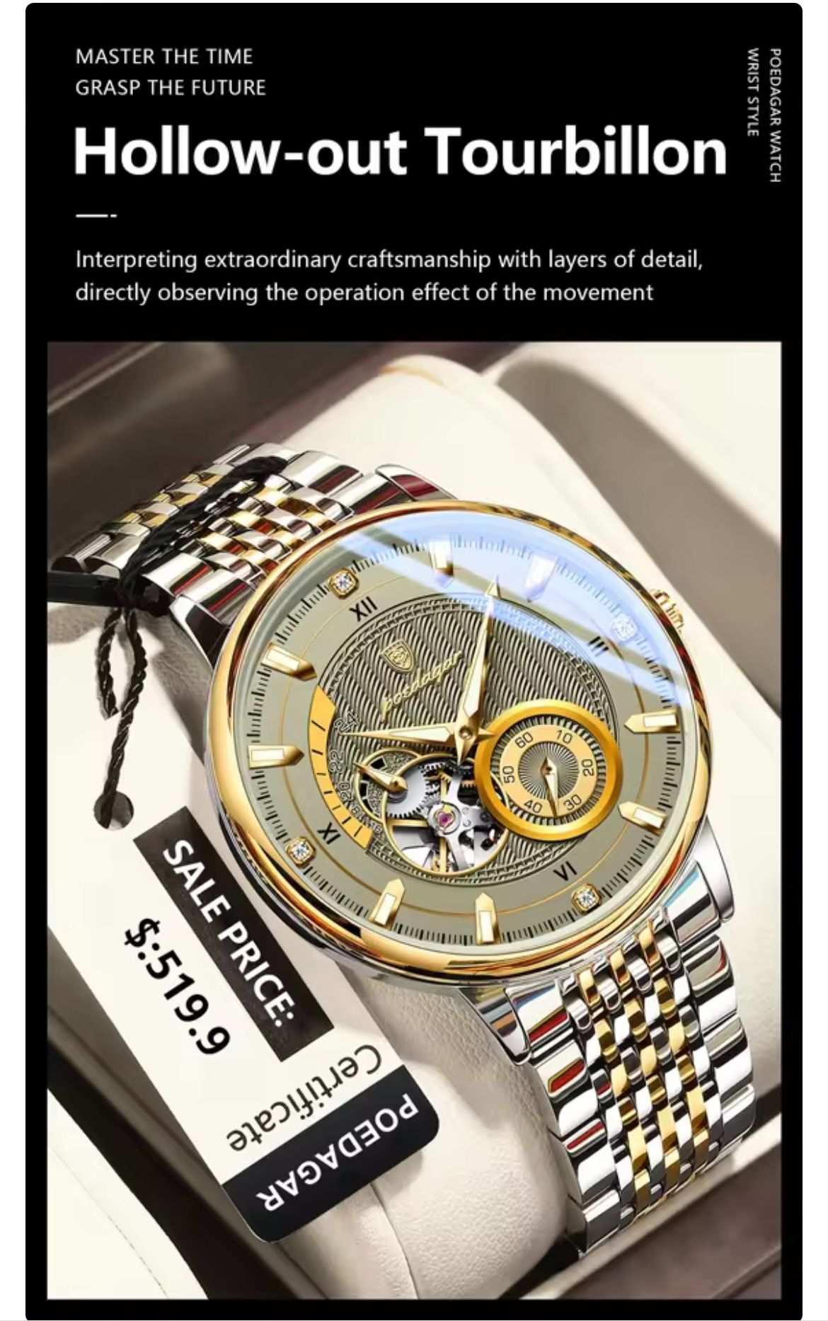 POEDAGAR 1416 Luxury Man Wristwatch Luminous Hollow Tourbillon Stainless Steel Men Clock Mechanical Automatic Watches Reloj