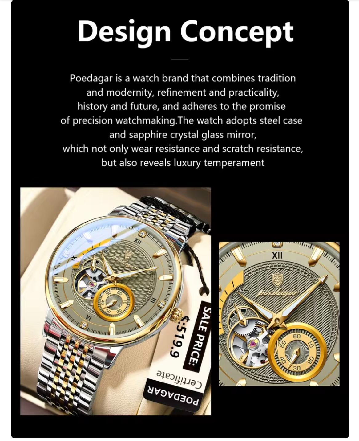 POEDAGAR 1416 Luxury Man Wristwatch Luminous Hollow Tourbillon Stainless Steel Men Clock Mechanical Automatic Watches Reloj
